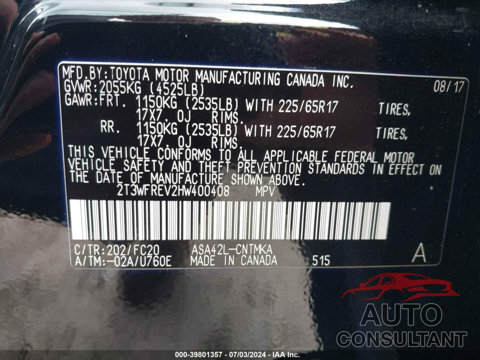 TOYOTA RAV4 2017 - 2T3WFREV2HW400408