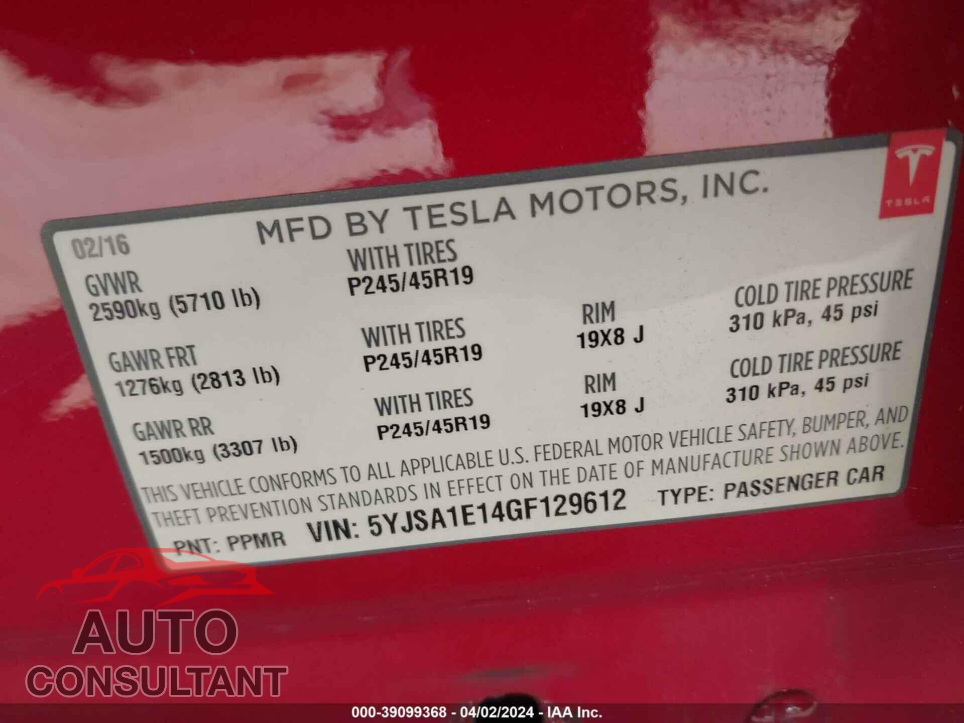 TESLA MODEL S 2016 - 5YJSA1E14GF129612