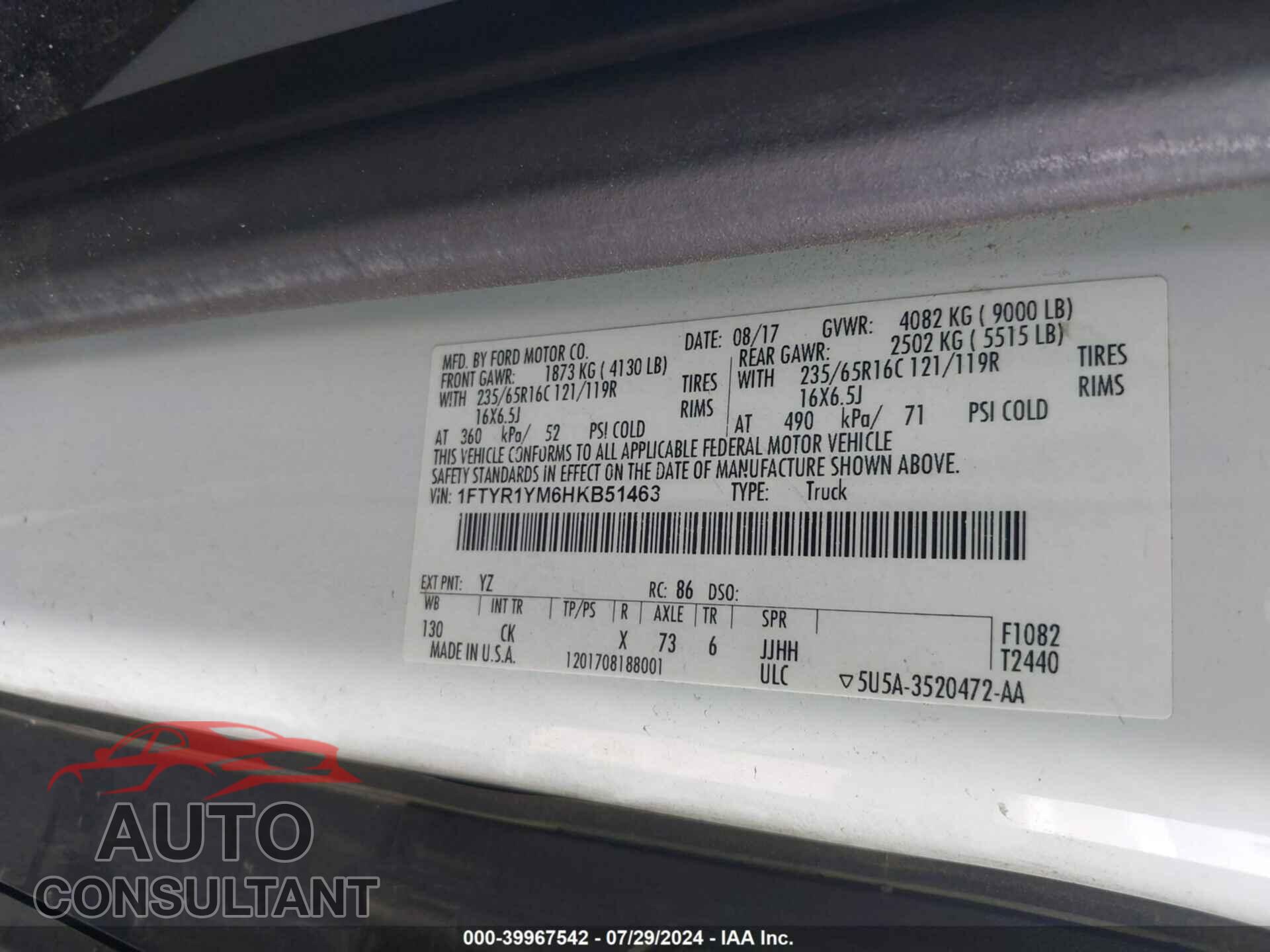 FORD TRANSIT-250 2017 - 1FTYR1YM6HKB51463
