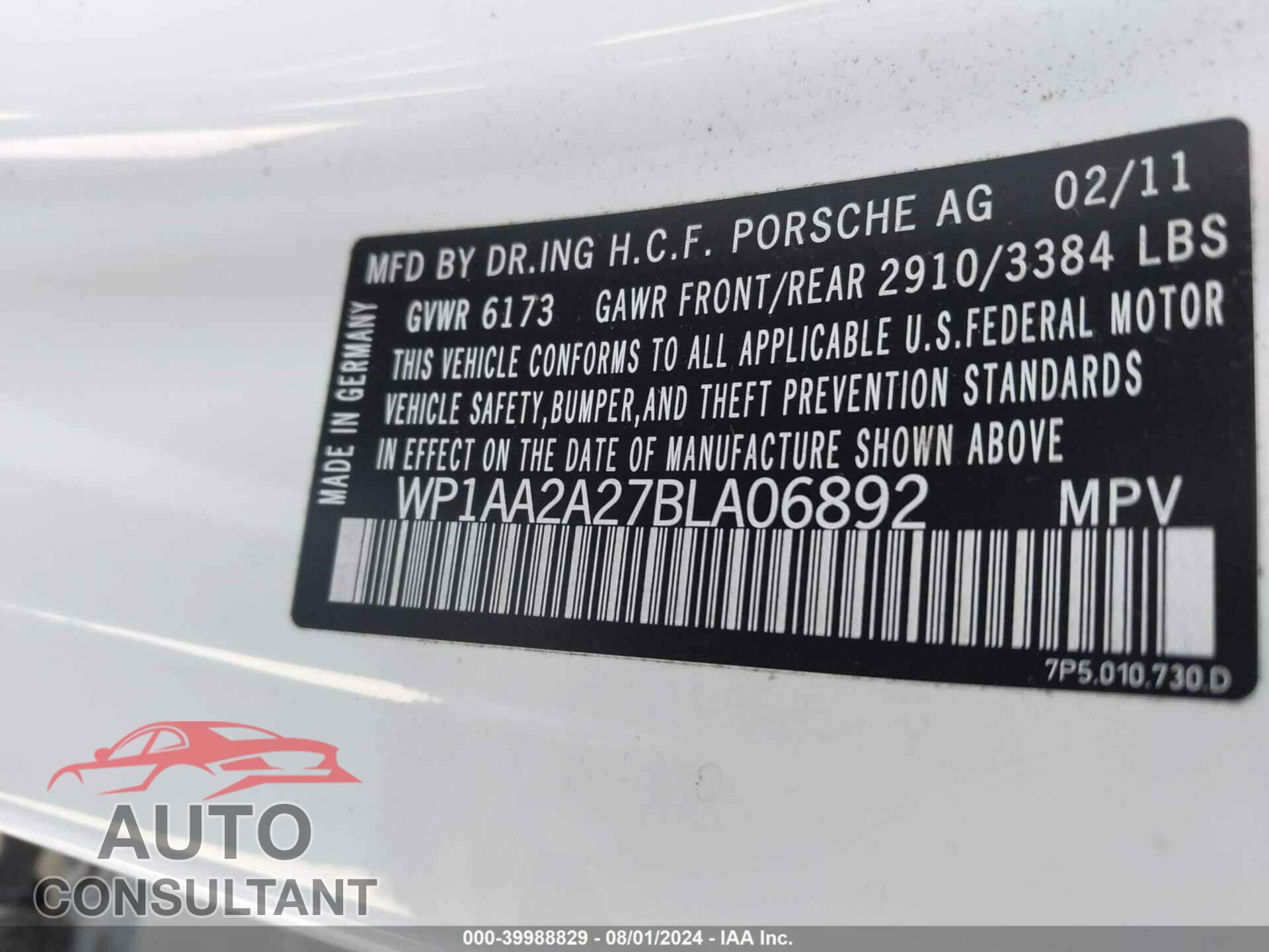 PORSCHE CAYENNE 2011 - WP1AA2A27BLA06892