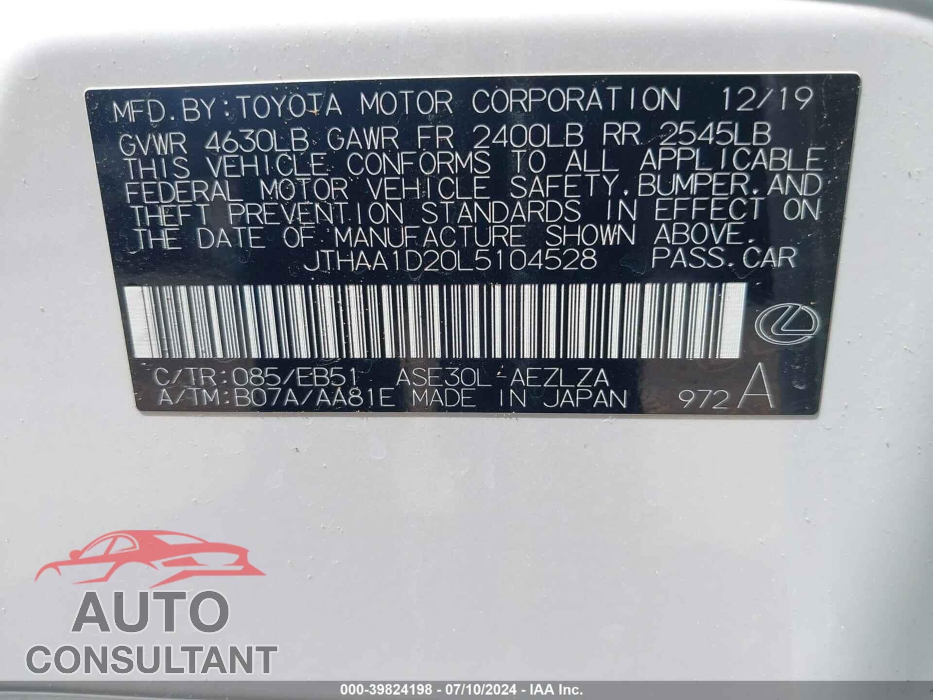 LEXUS IS 300 2020 - JTHAA1D20L5104528