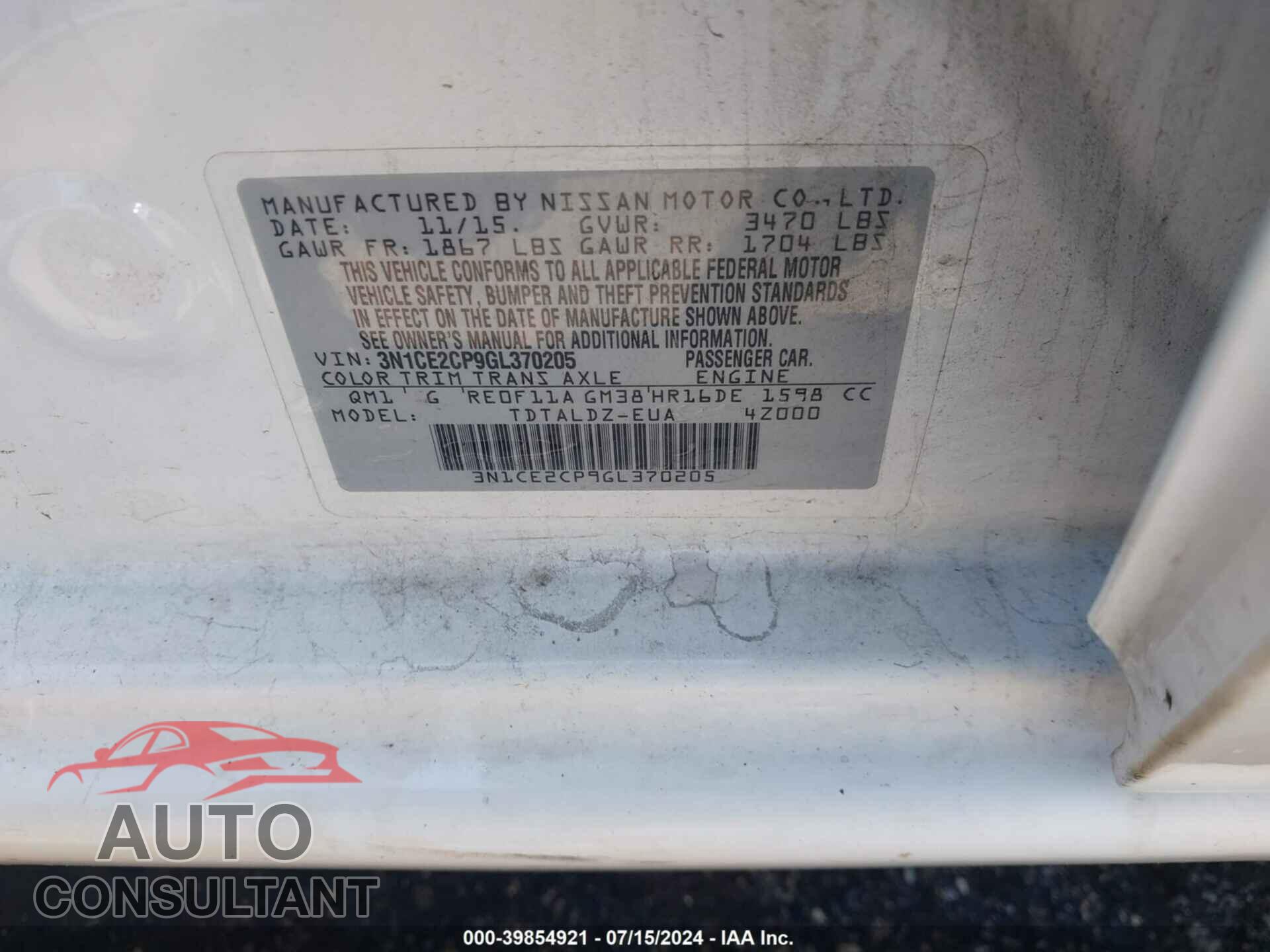 NISSAN VERSA NOTE 2016 - 3N1CE2CP9GL370205