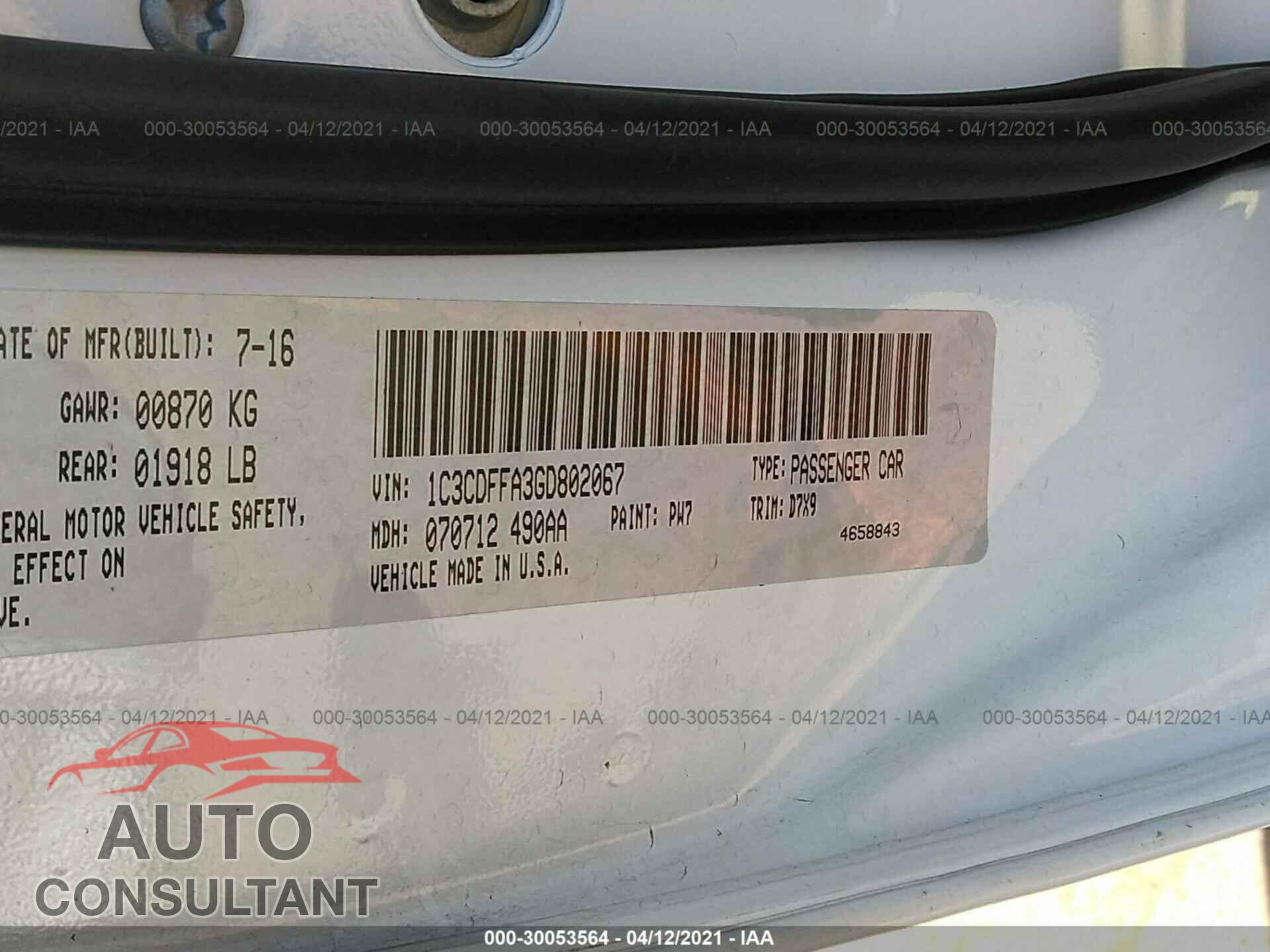 DODGE DART 2016 - 1C3CDFFA3GD802067