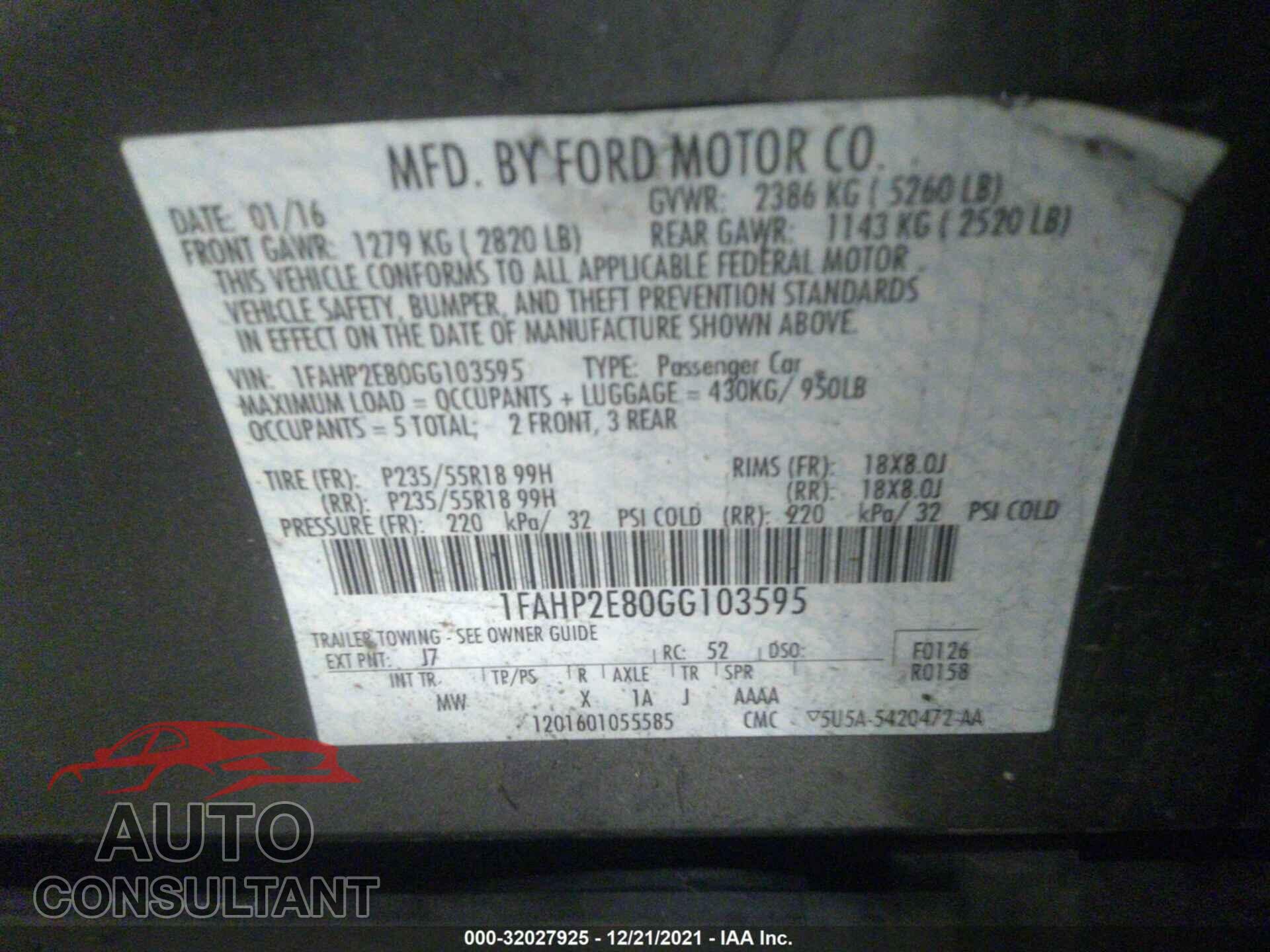 FORD TAURUS 2016 - 1FAHP2E80GG103595