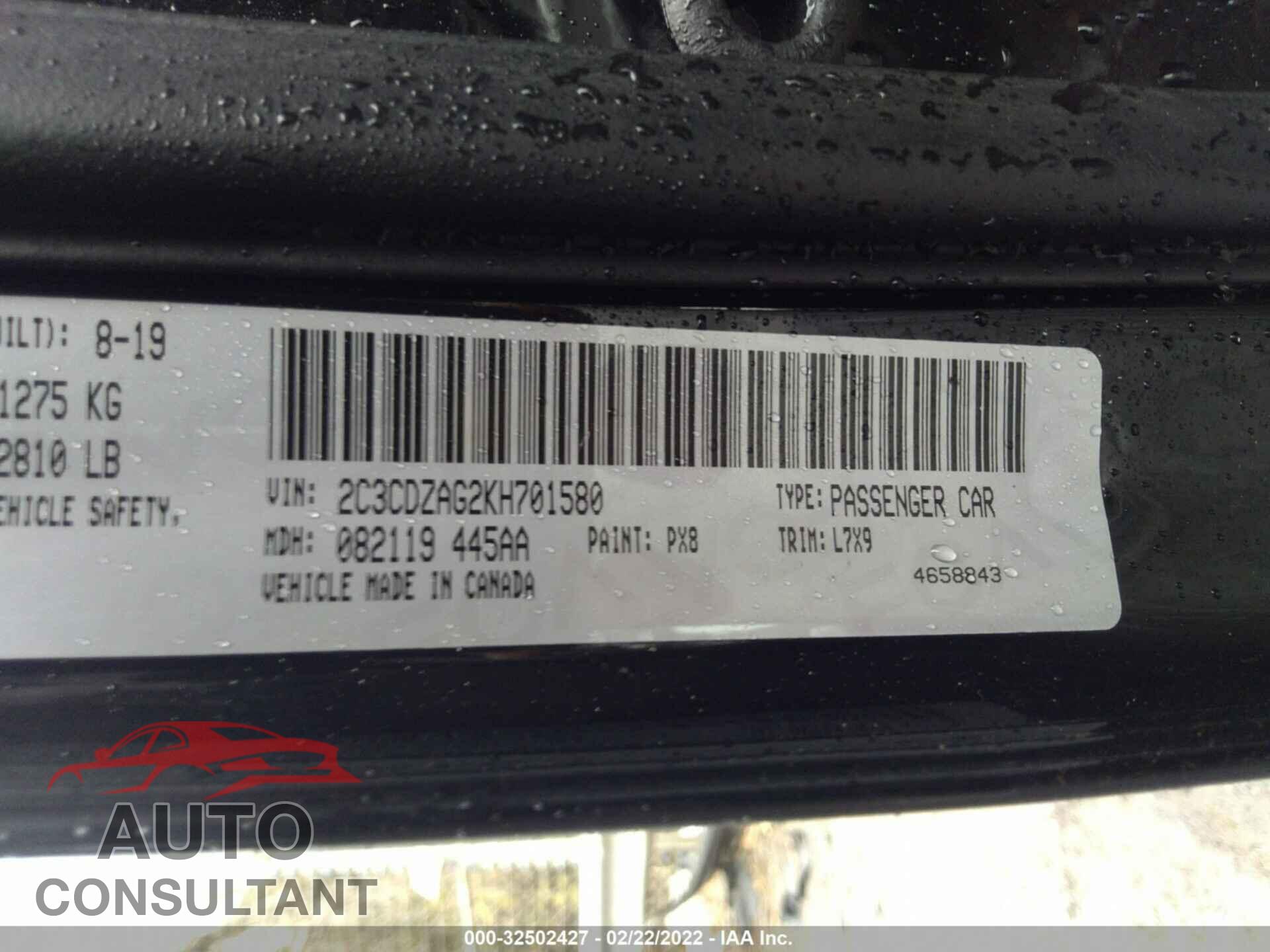 DODGE CHALLENGER 2019 - 2C3CDZAG2KH701580
