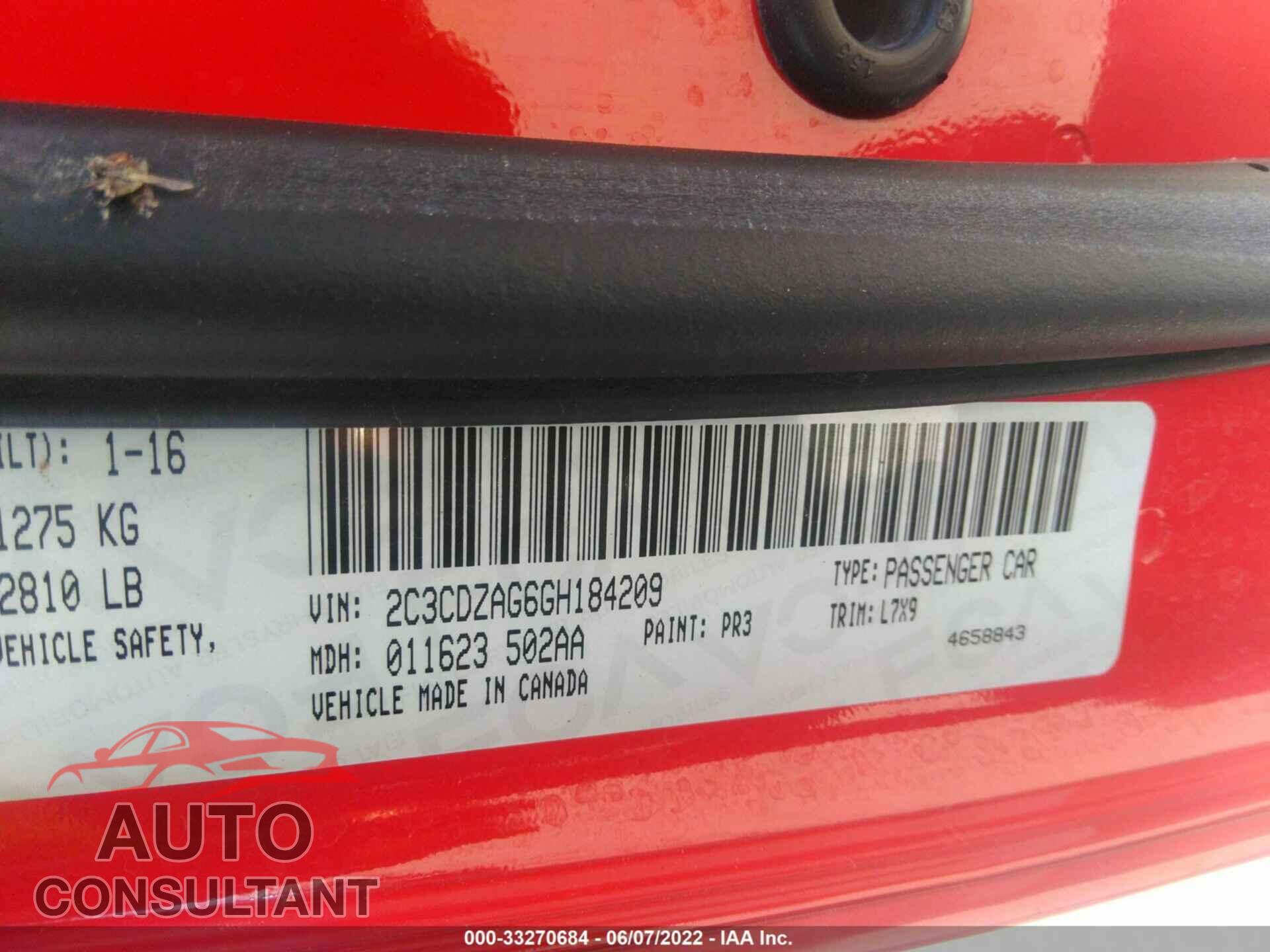 DODGE CHALLENGER 2016 - 2C3CDZAG6GH184209