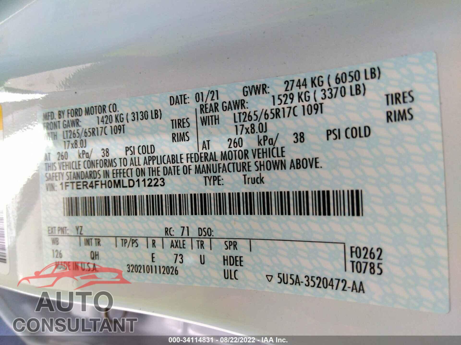 FORD RANGER 2021 - 1FTER4FH0MLD11223