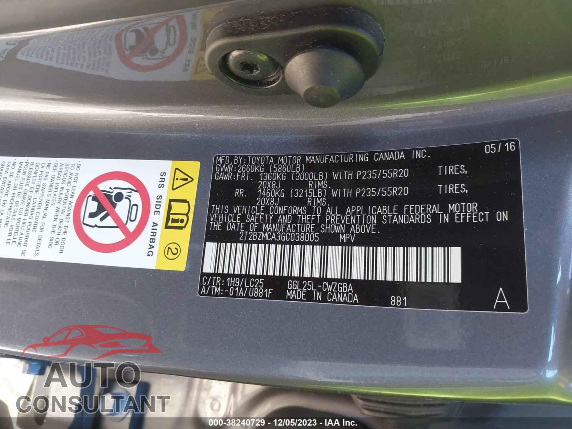 LEXUS RX 2016 - 2T2BZMCA3GC038005