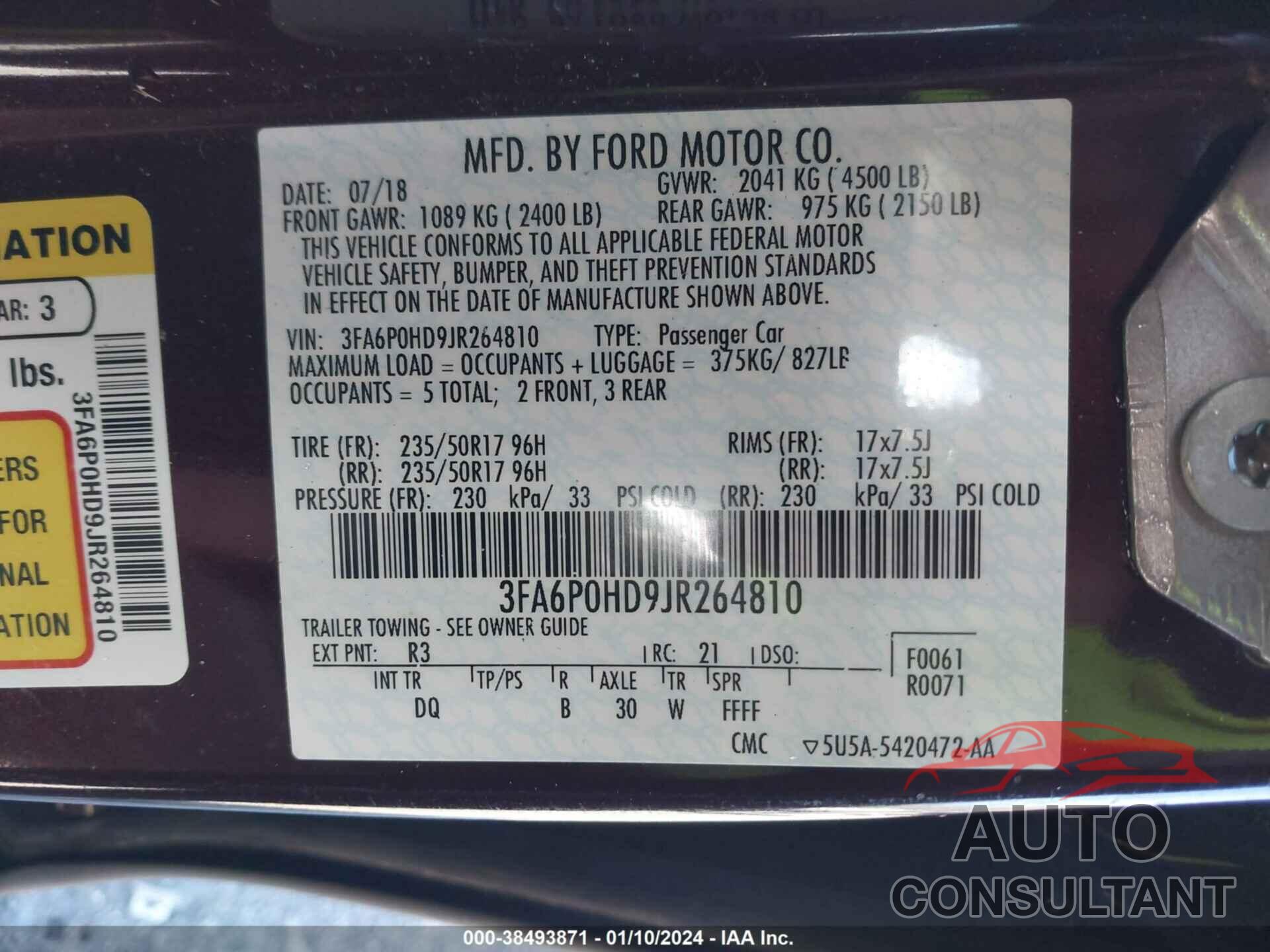 FORD FUSION 2018 - 3FA6P0HD9JR264810