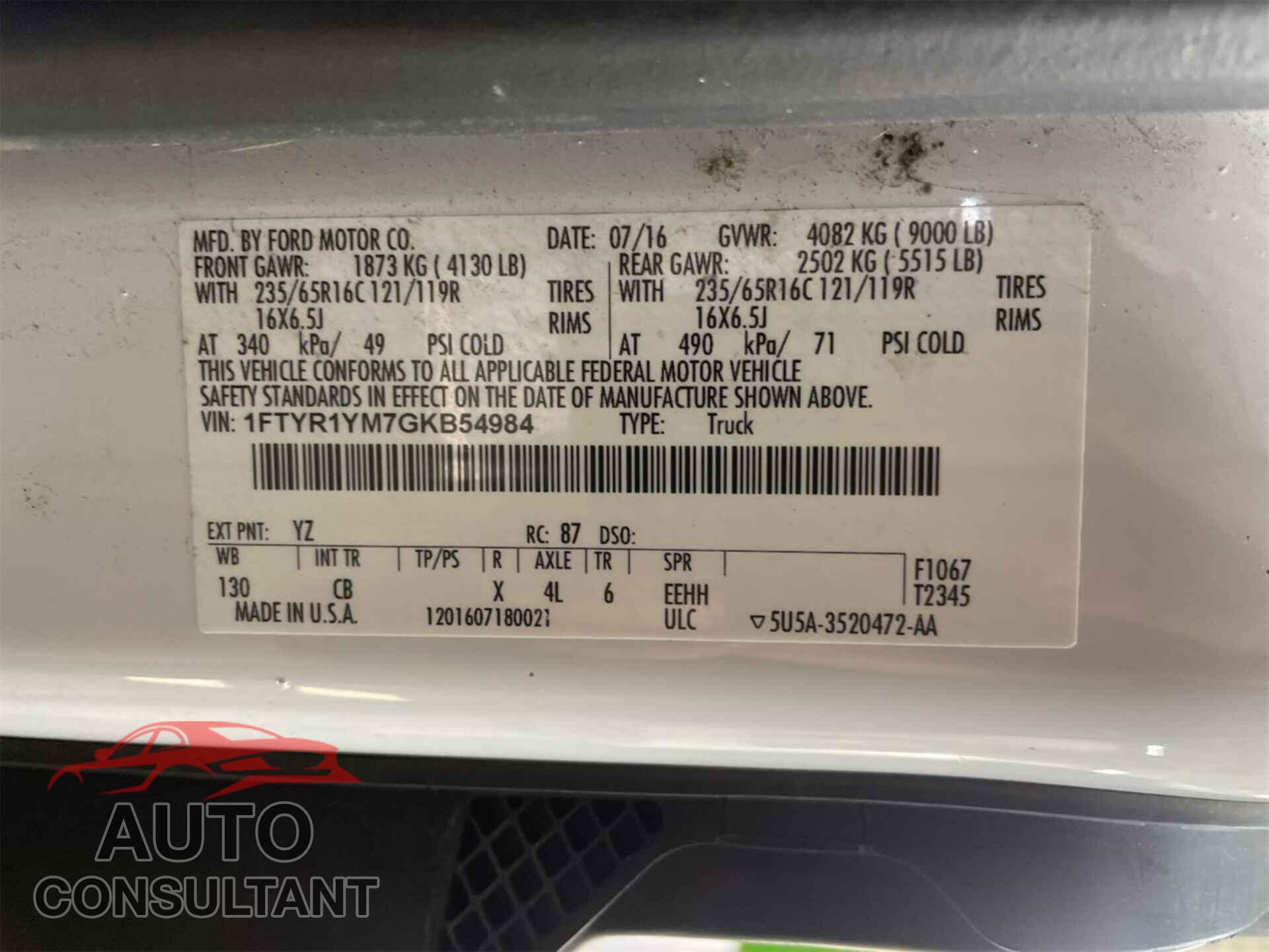 FORD TRANSIT 2016 - 1FTYR1YM7GKB54984
