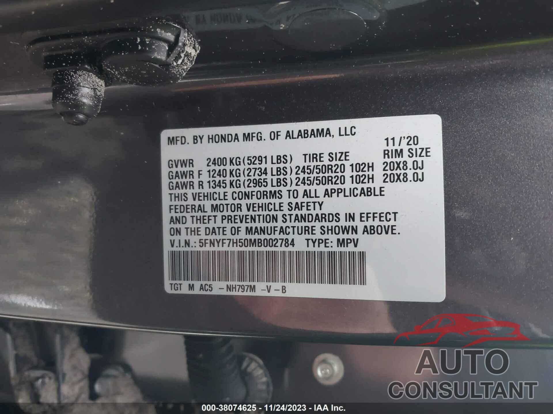 HONDA PASSPORT 2021 - 5FNYF7H50MB002784