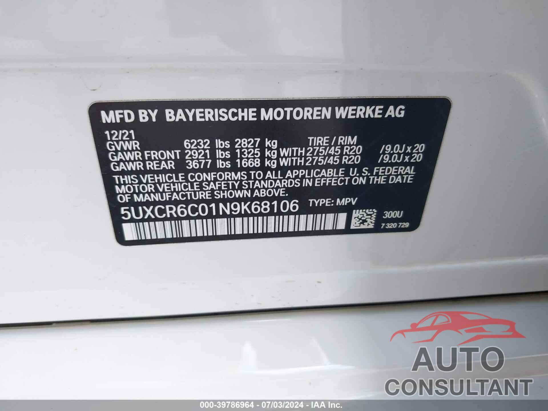 BMW X5 2022 - 5UXCR6C01N9K68106