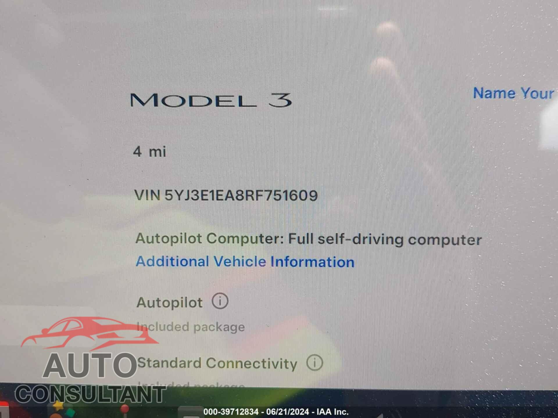 TESLA MODEL 3 2024 - 5YJ3E1EA8RF751609