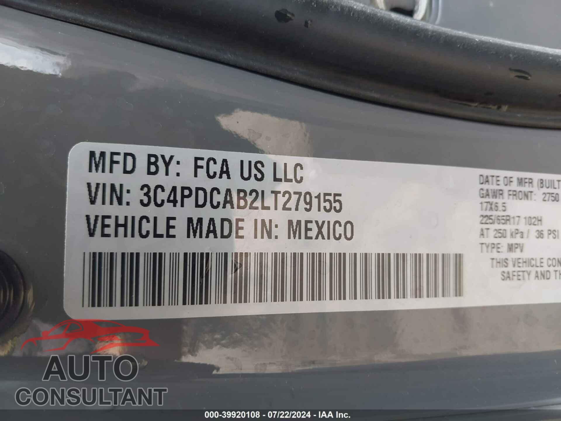 DODGE JOURNEY 2020 - 3C4PDCAB2LT279155