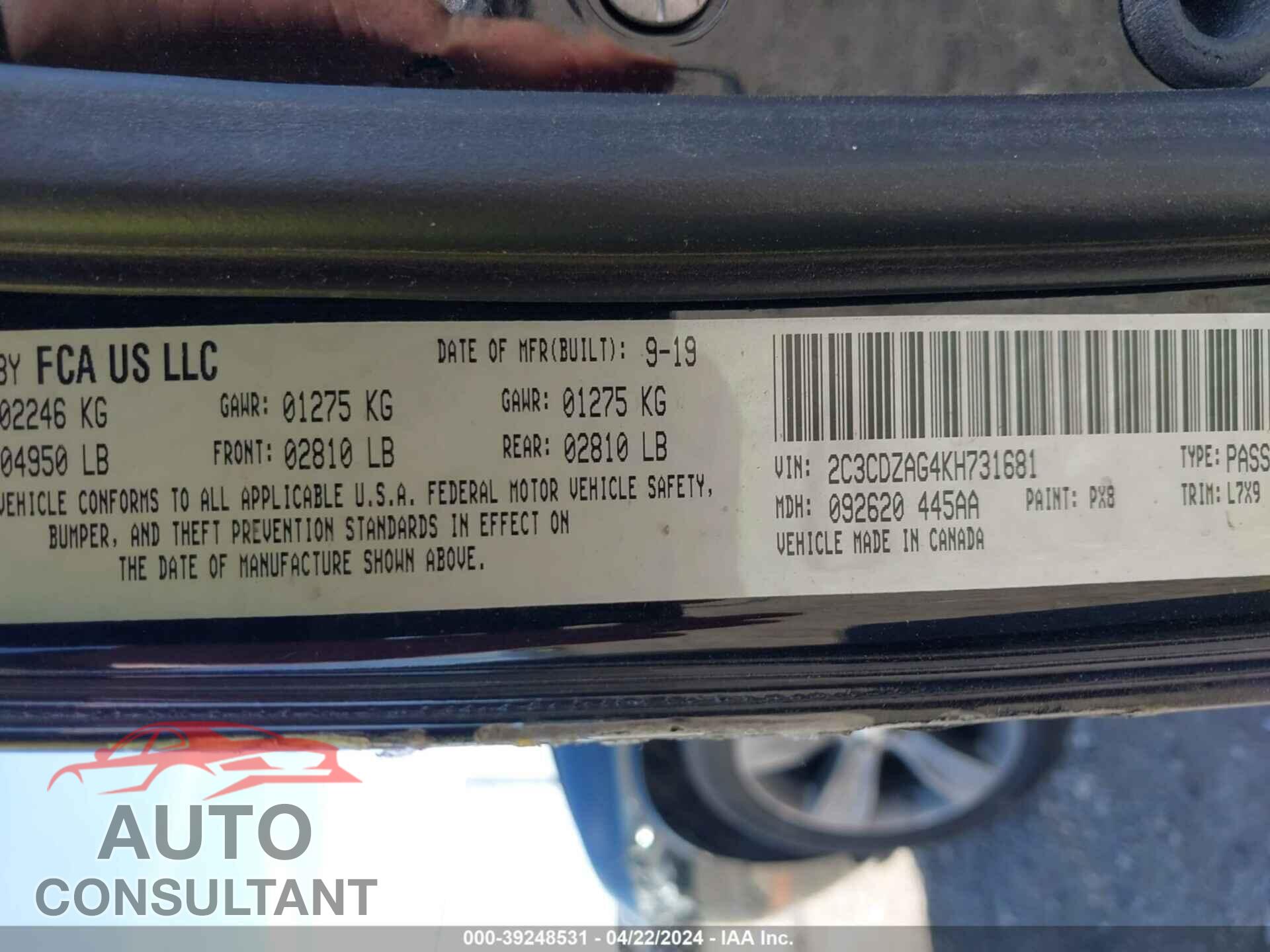 DODGE CHALLENGER 2019 - 2C3CDZAG4KH731681