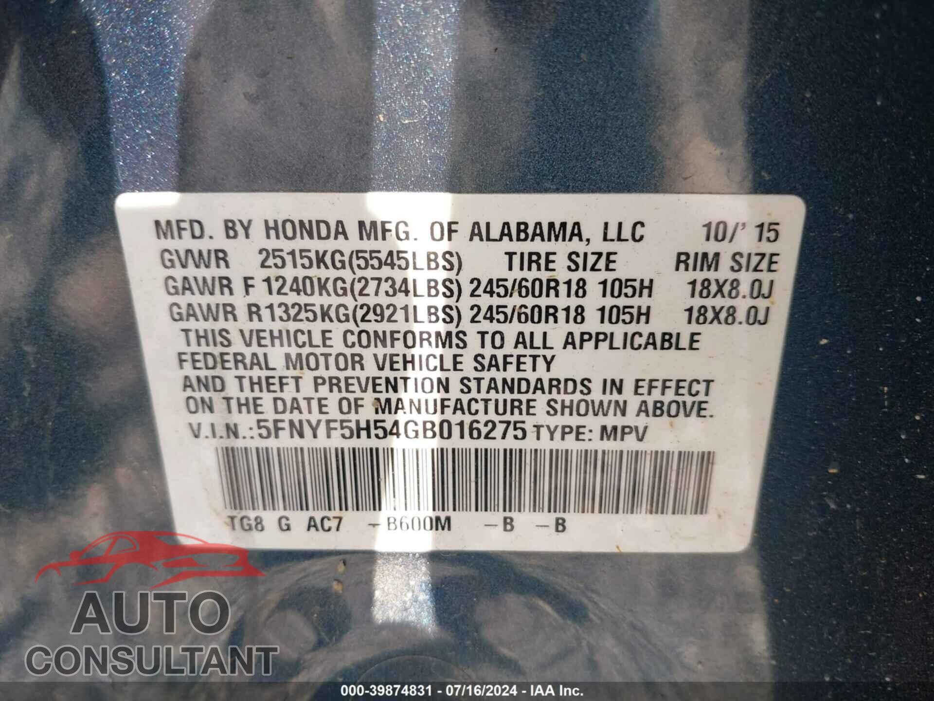 HONDA PILOT 2016 - 5FNYF5H54GB016275