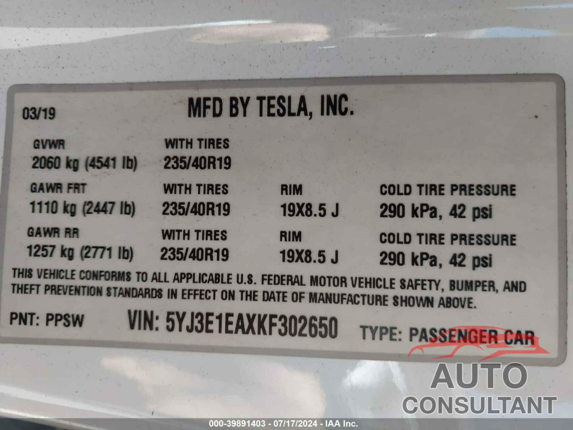 TESLA MODEL 3 2019 - 5YJ3E1EAXKF302650