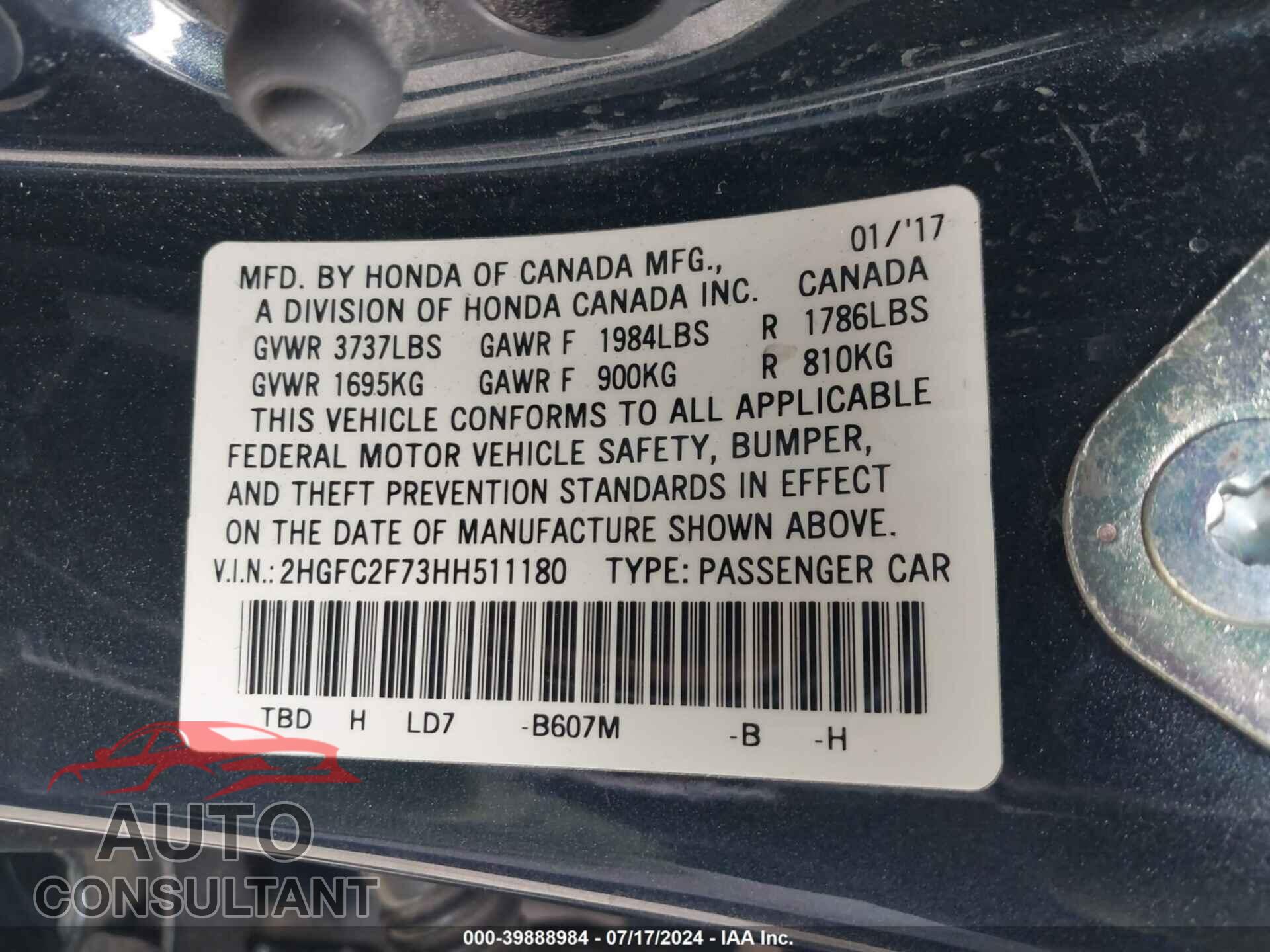HONDA CIVIC 2017 - 2HGFC2F73HH511180