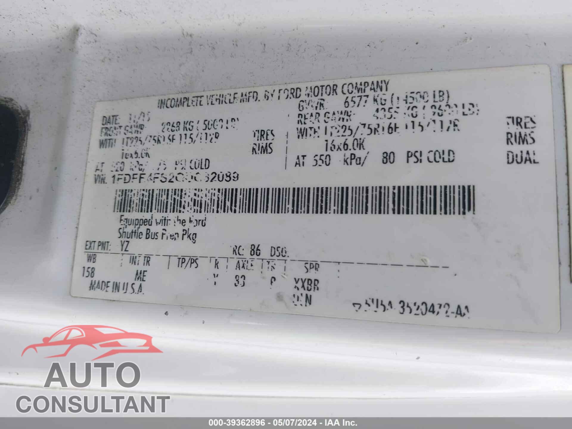 FORD E-450 CUTAWAY 2016 - 1FDFE4FS2GDC32089