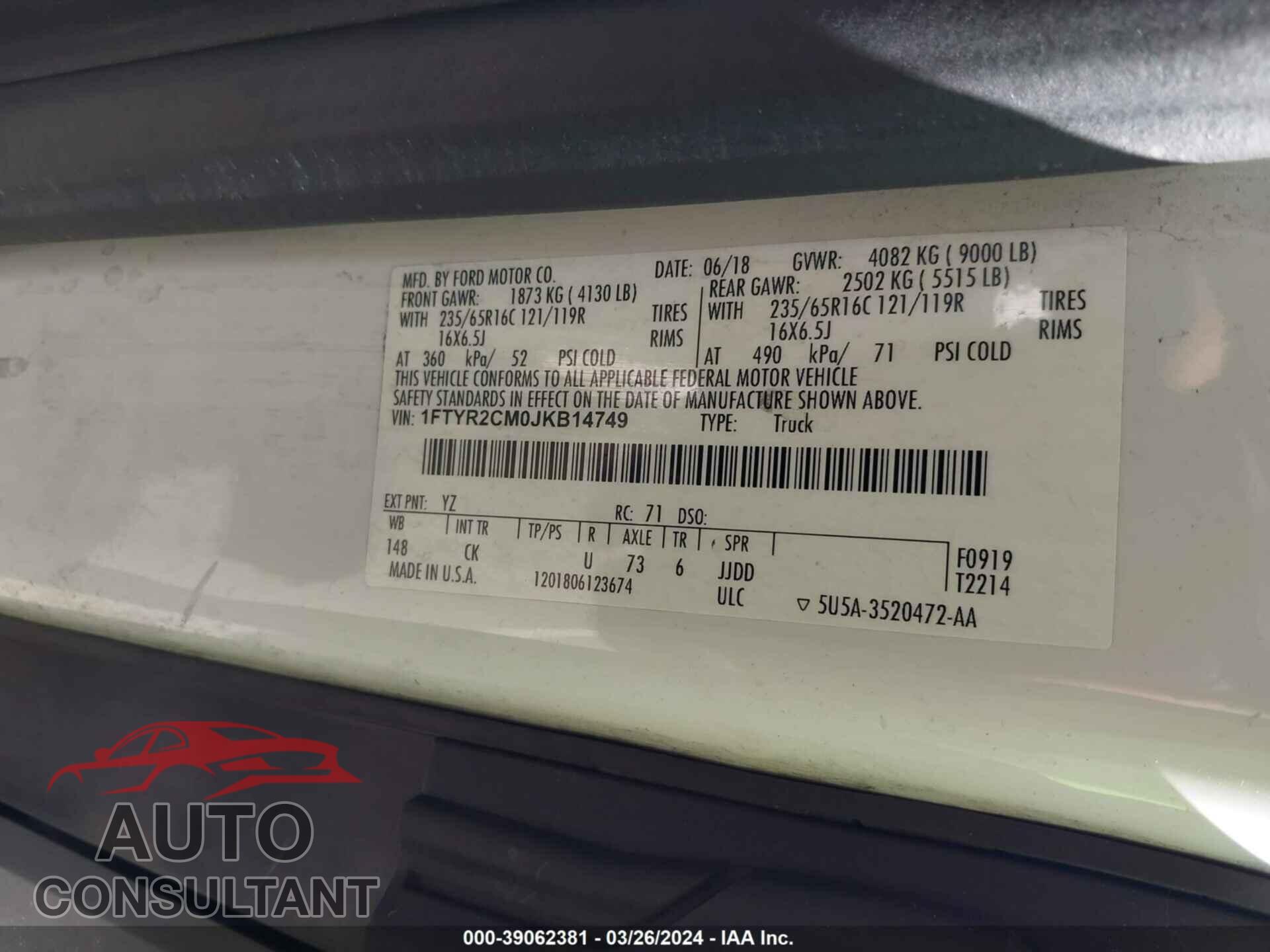 FORD TRANSIT 2018 - 1FTYR2CM0JKB14749