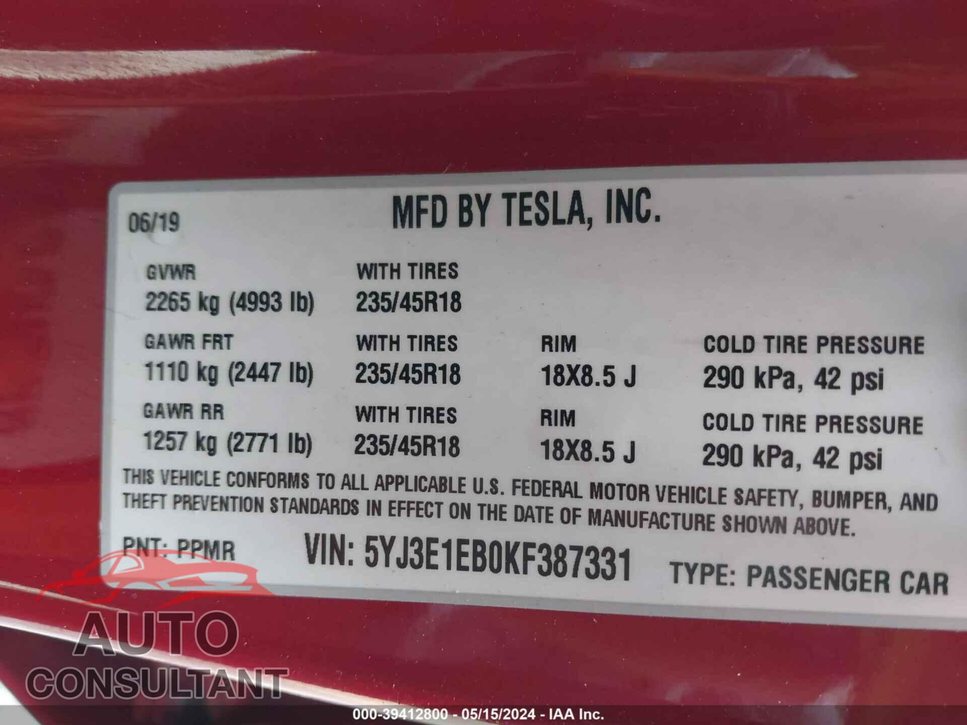 TESLA MODEL 3 2019 - 5YJ3E1EB0KF387331