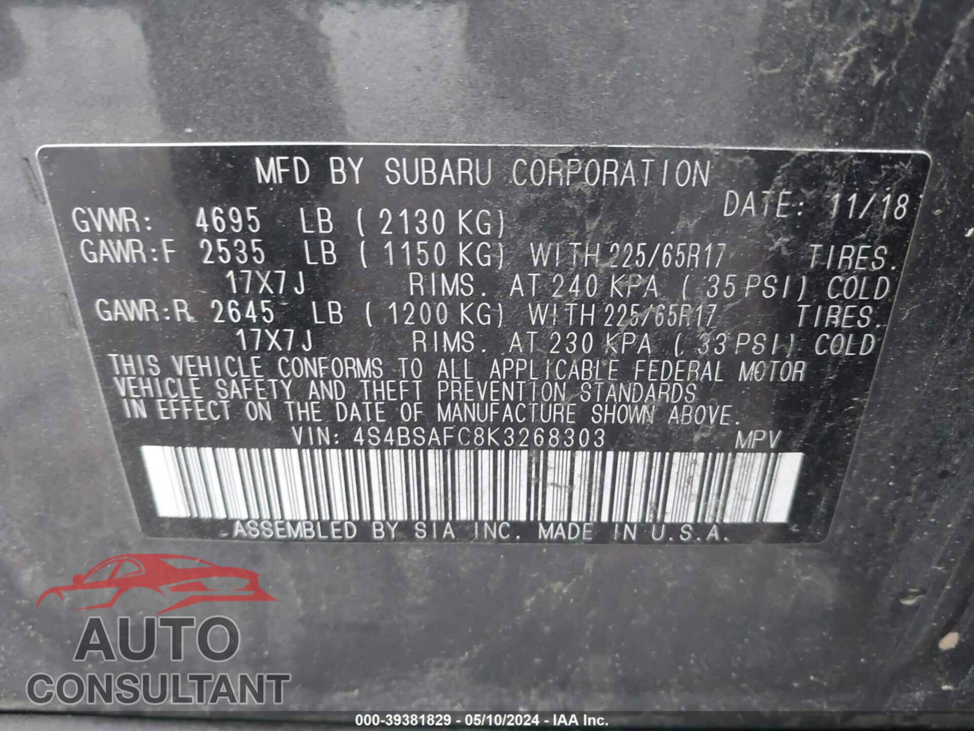 SUBARU OUTBACK 2019 - 4S4BSAFC8K3268303