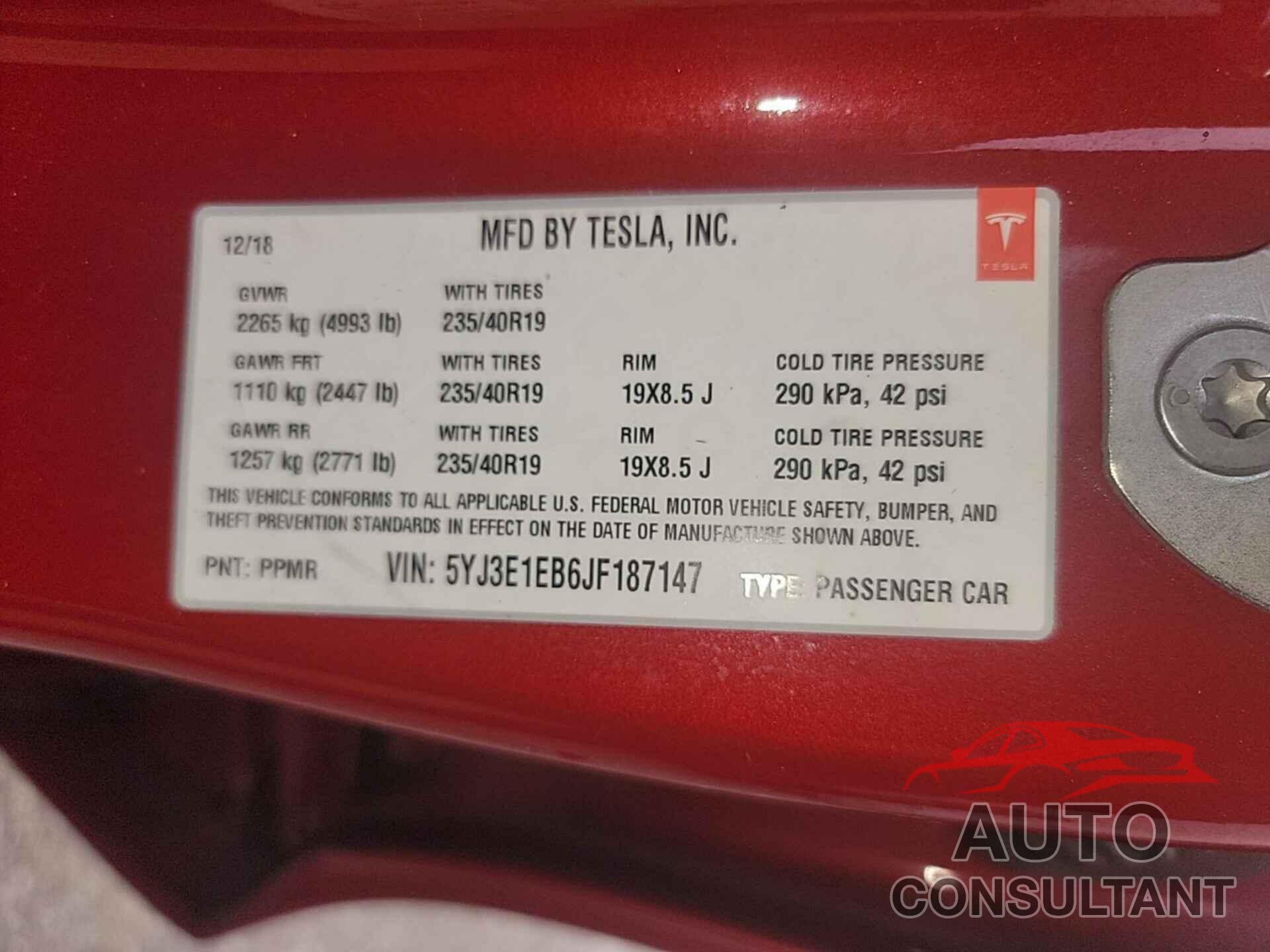 TESLA MODEL 3 2018 - 5YJ3E1EB6JF187147