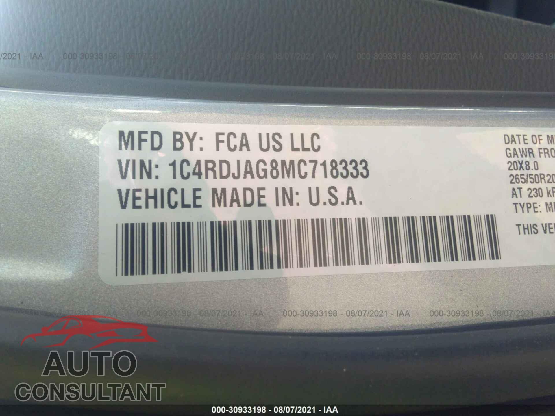 DODGE DURANGO 2021 - 1C4RDJAG8MC718333