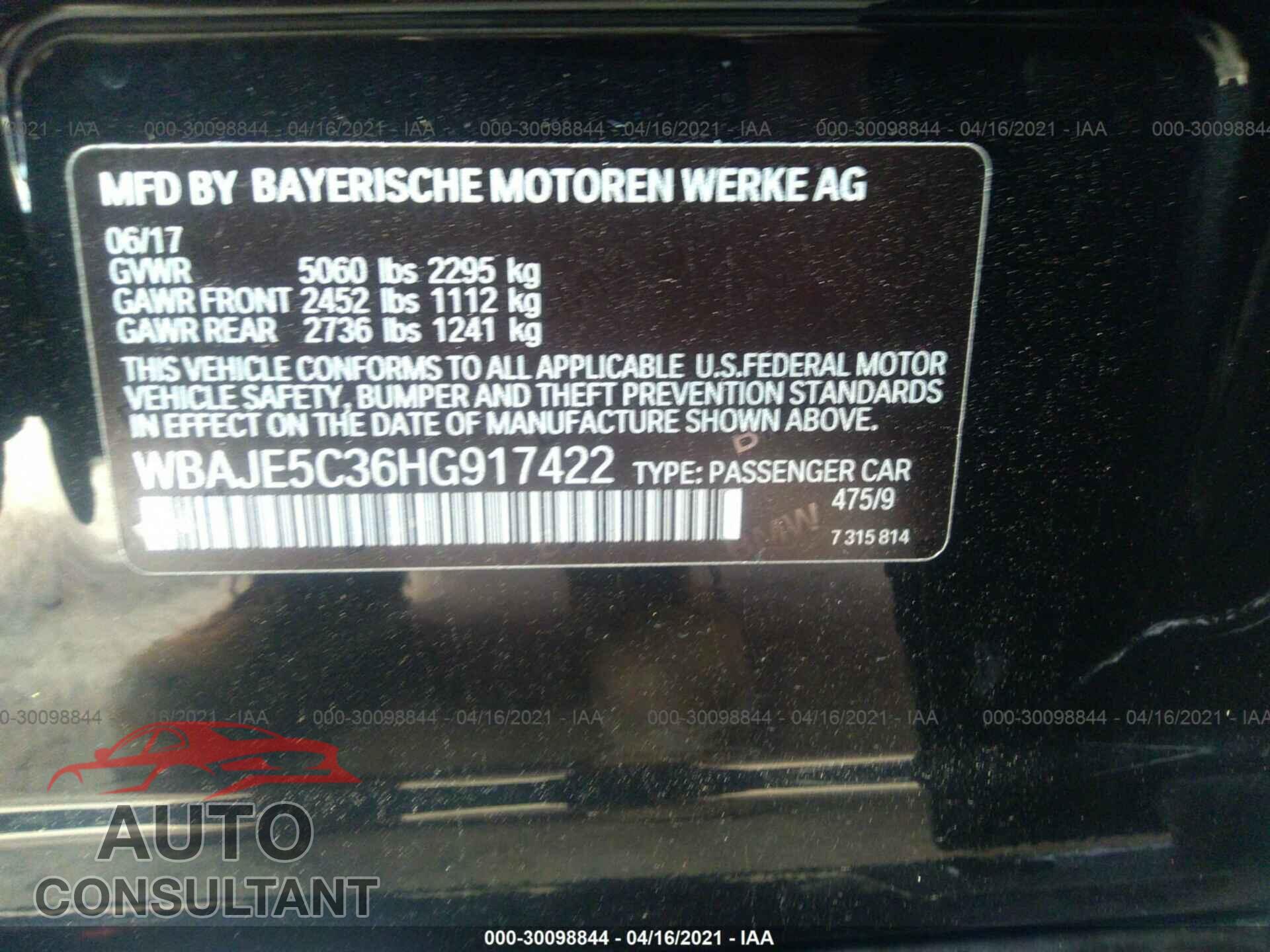 BMW 5 SERIES 2017 - WBAJE5C36HG917422