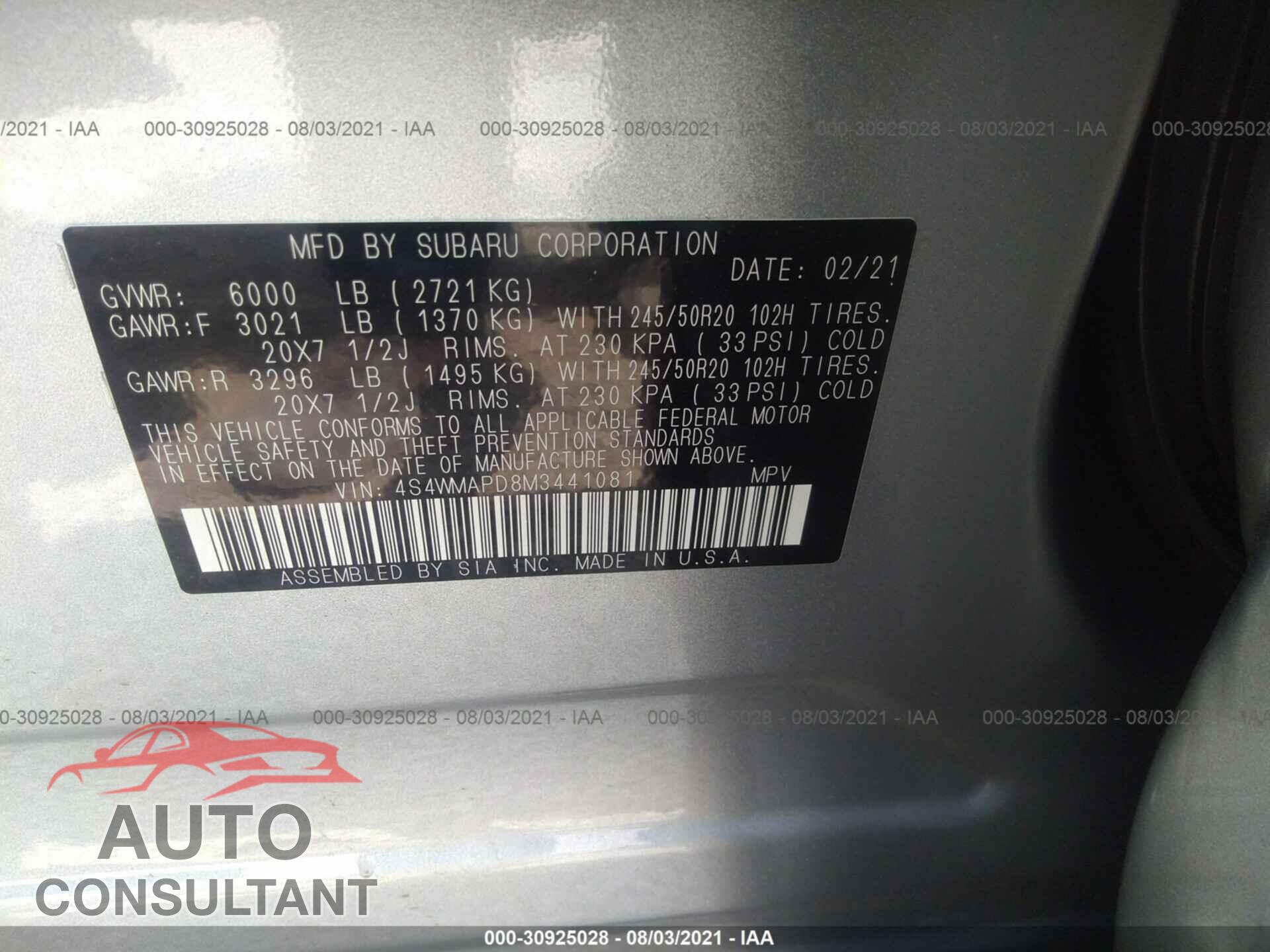 SUBARU ASCENT 2021 - 4S4WMAPD8M3441081