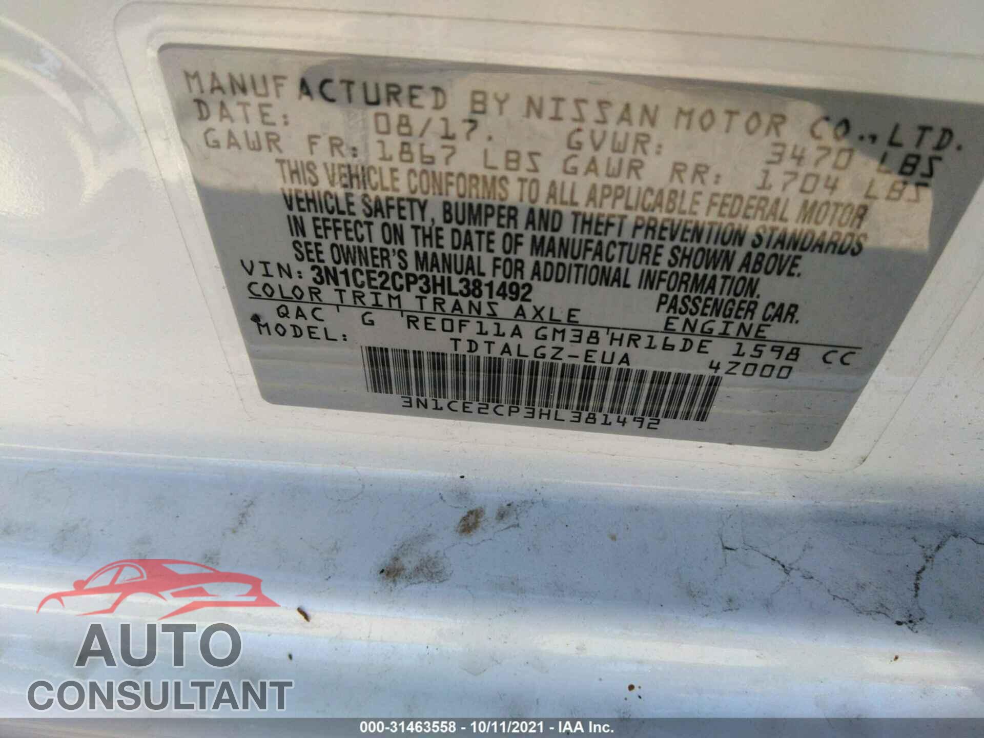 NISSAN VERSA NOTE 2017 - 3N1CE2CP3HL381492