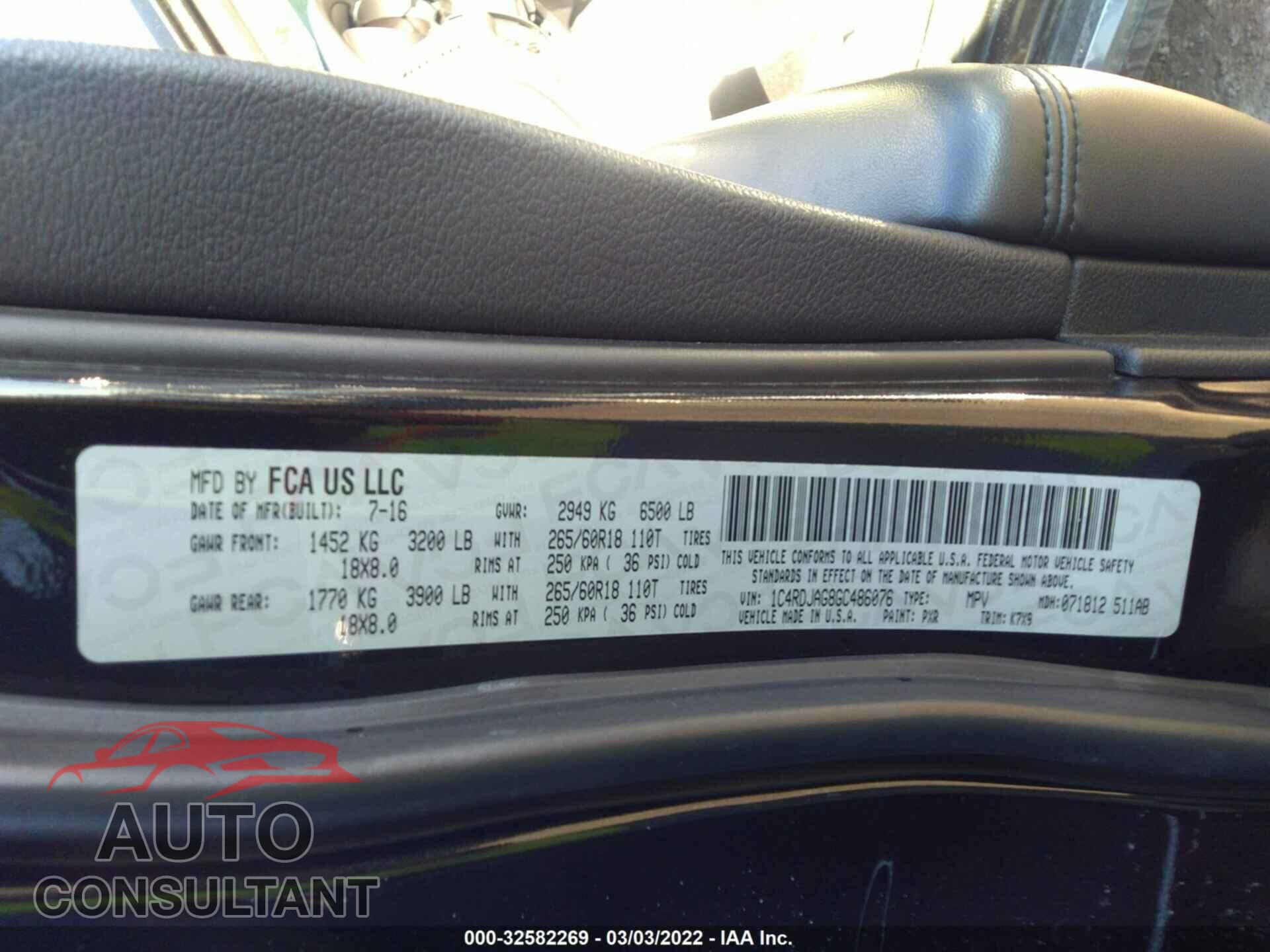 DODGE DURANGO 2016 - 1C4RDJAG8GC486076