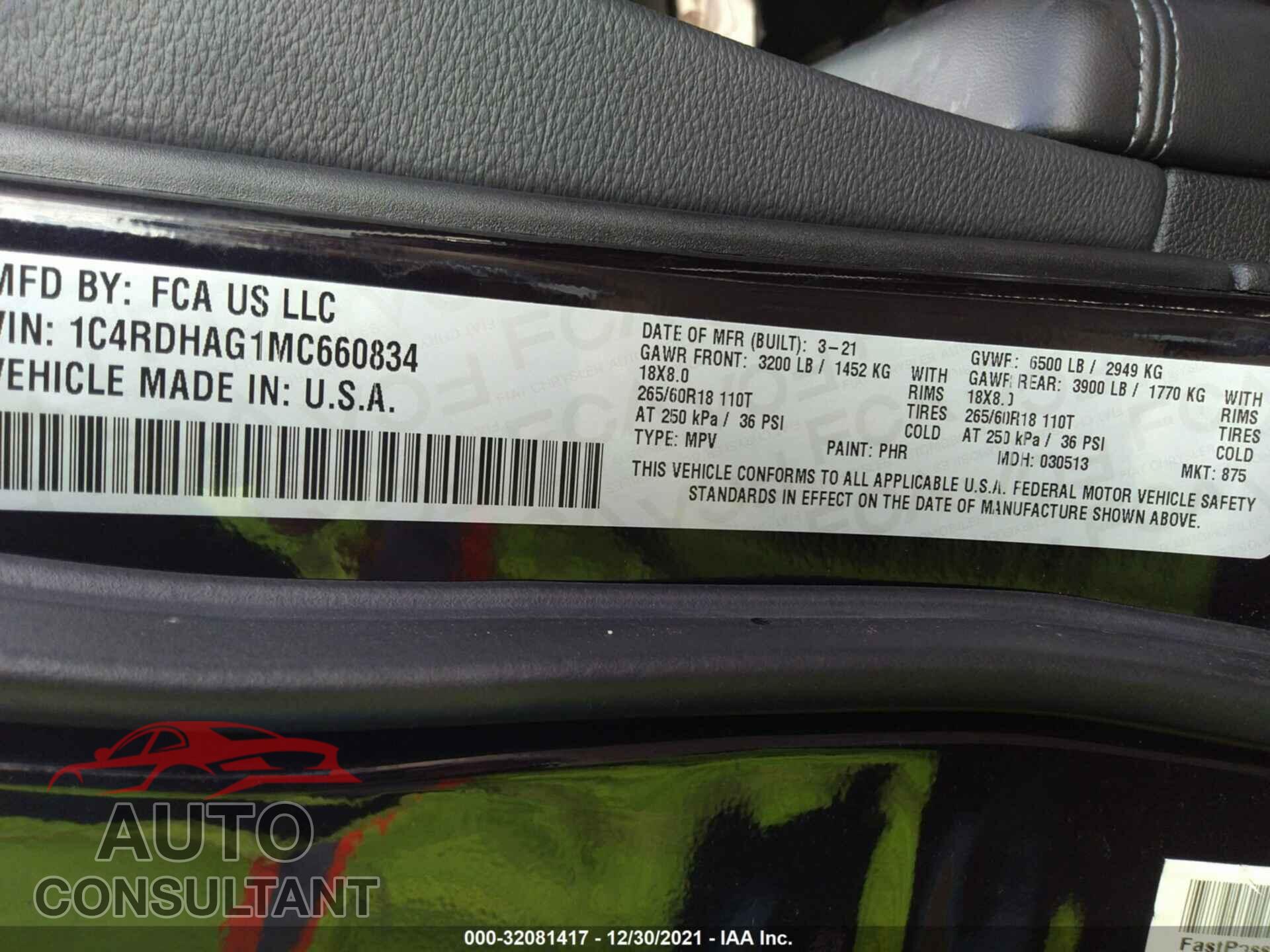 DODGE DURANGO 2021 - 1C4RDHAG1MC660834