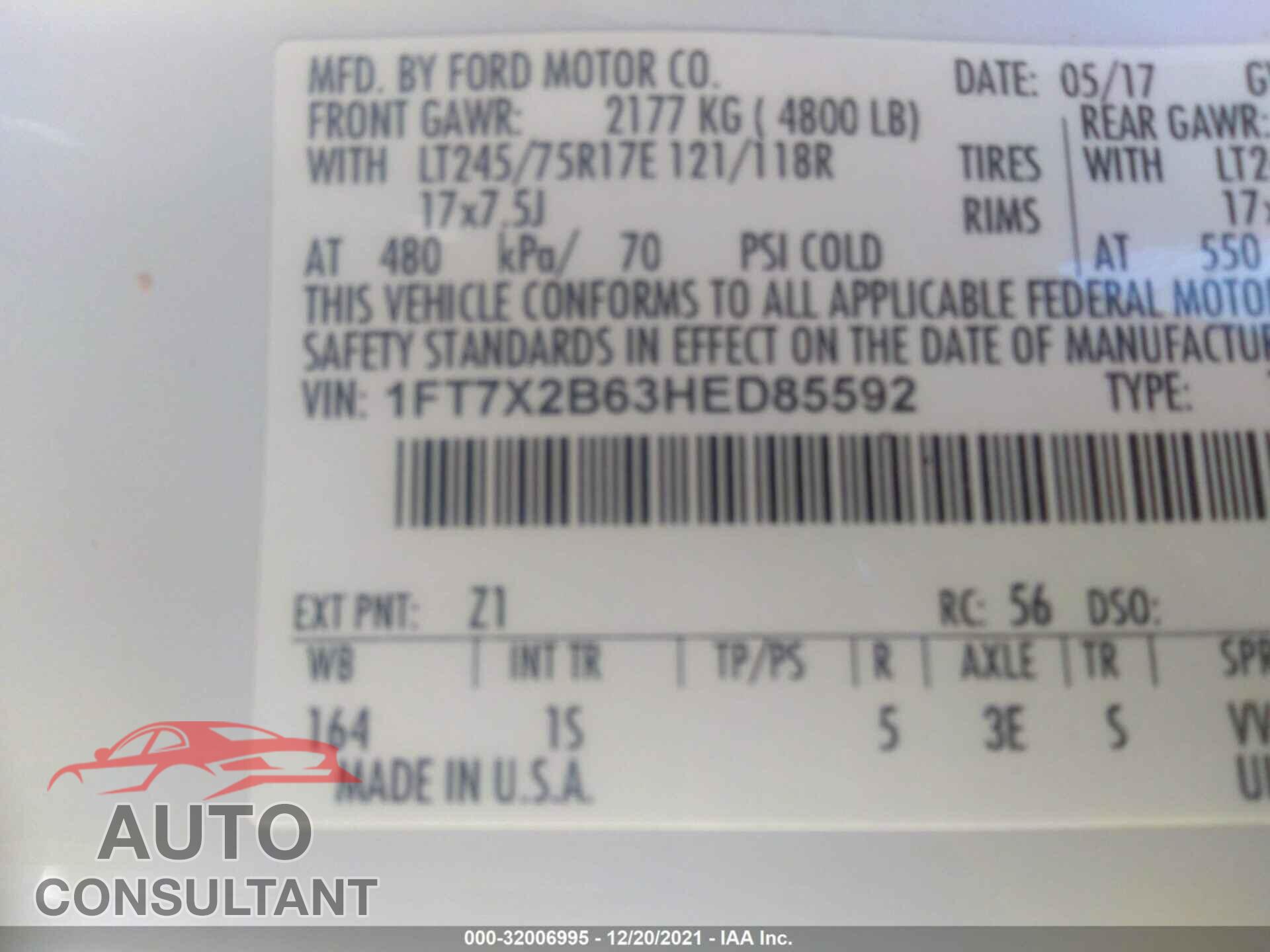 FORD SUPER DUTY F-250 SRW 2017 - 1FT7X2B63HED85592