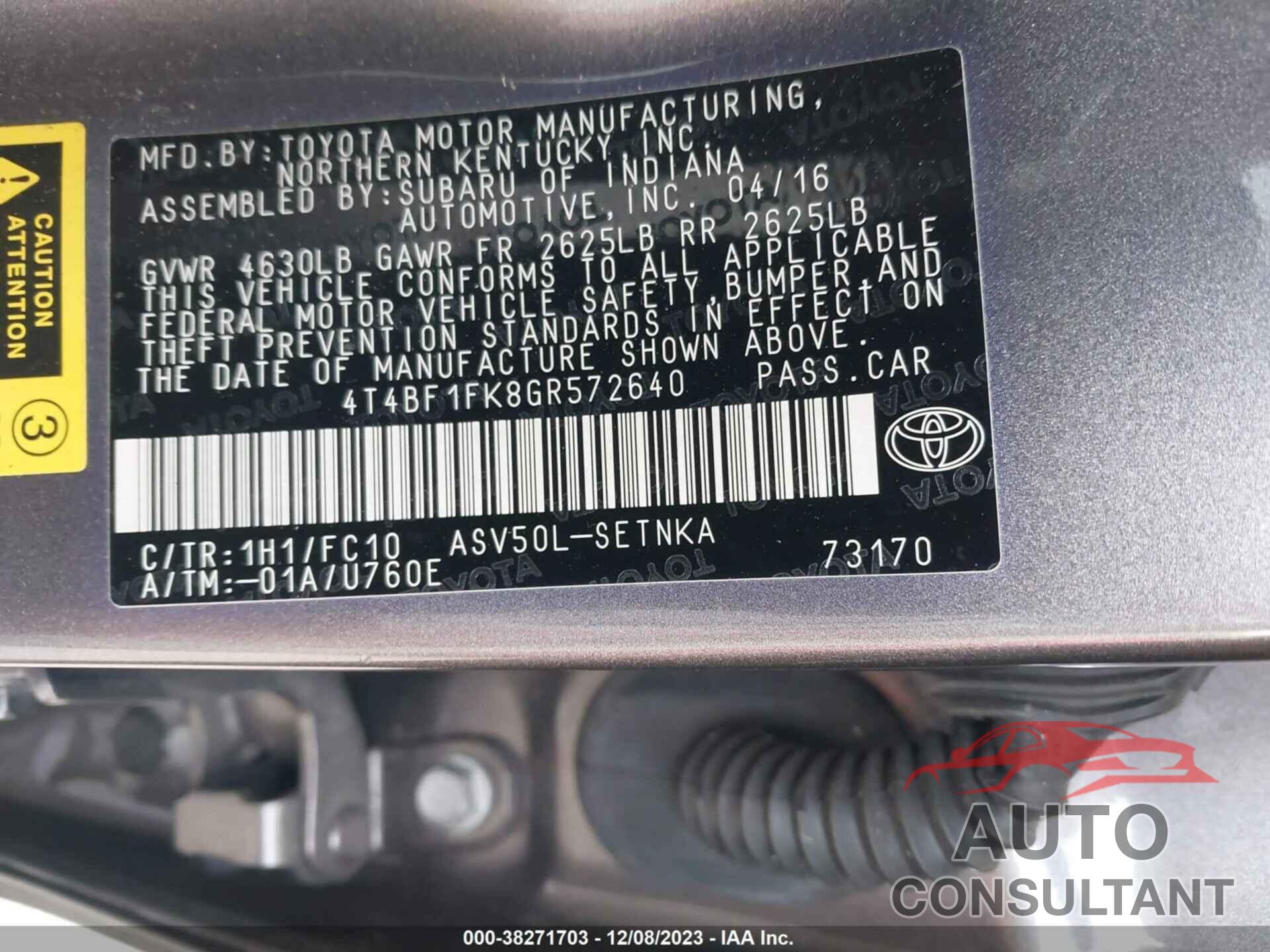 TOYOTA CAMRY 2016 - 4T4BF1FK8GR572640