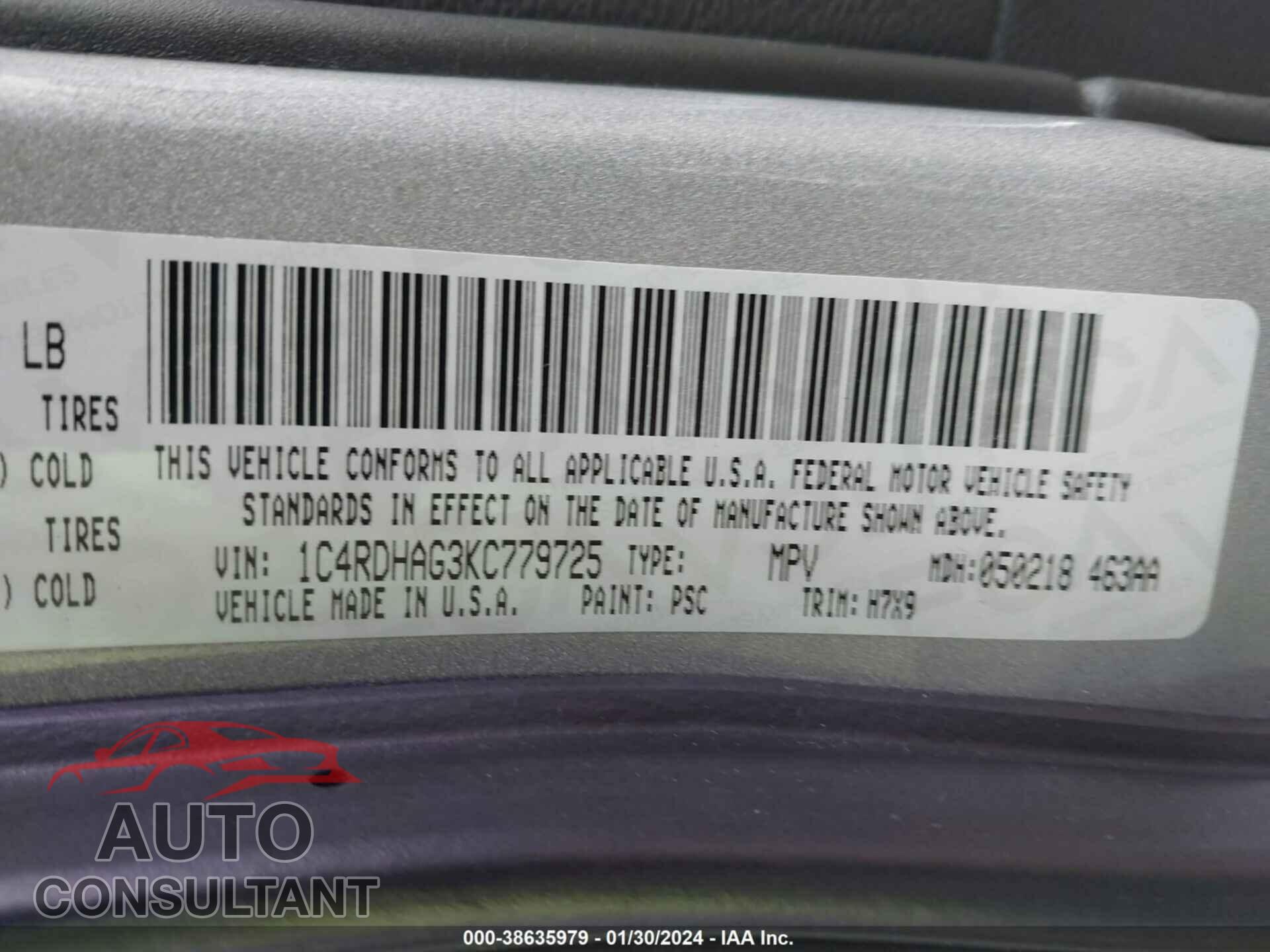DODGE DURANGO 2019 - 1C4RDHAG3KC779725
