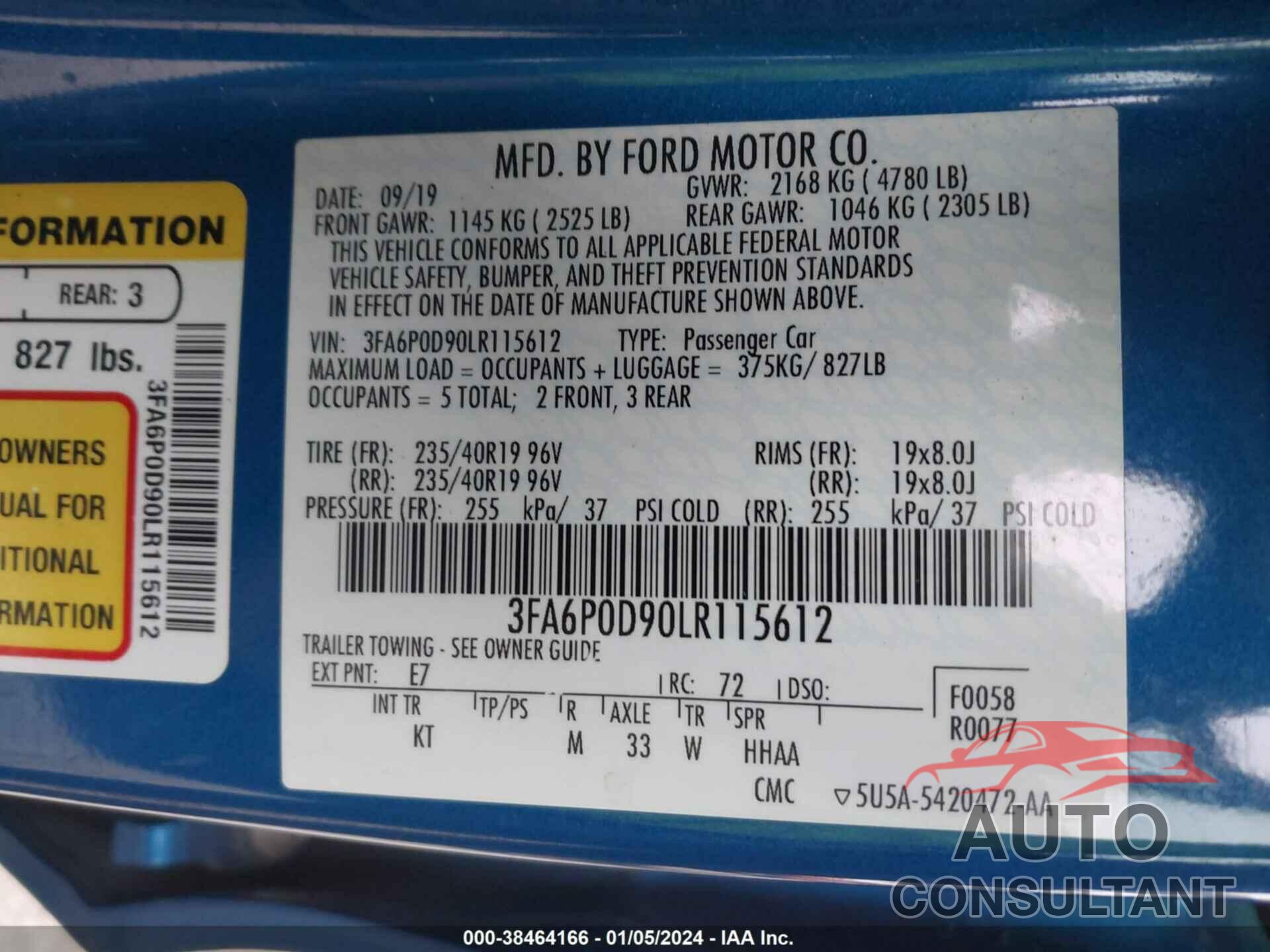 FORD FUSION 2020 - 3FA6P0D90LR115612