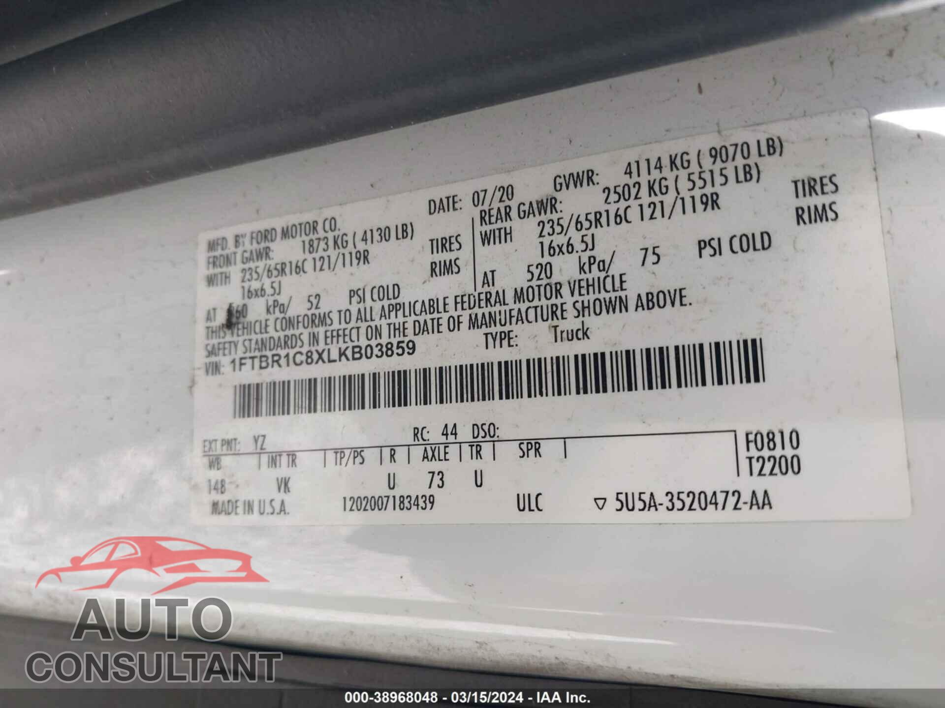 FORD TRANSIT 2020 - 1FTBR1C8XLKB03859
