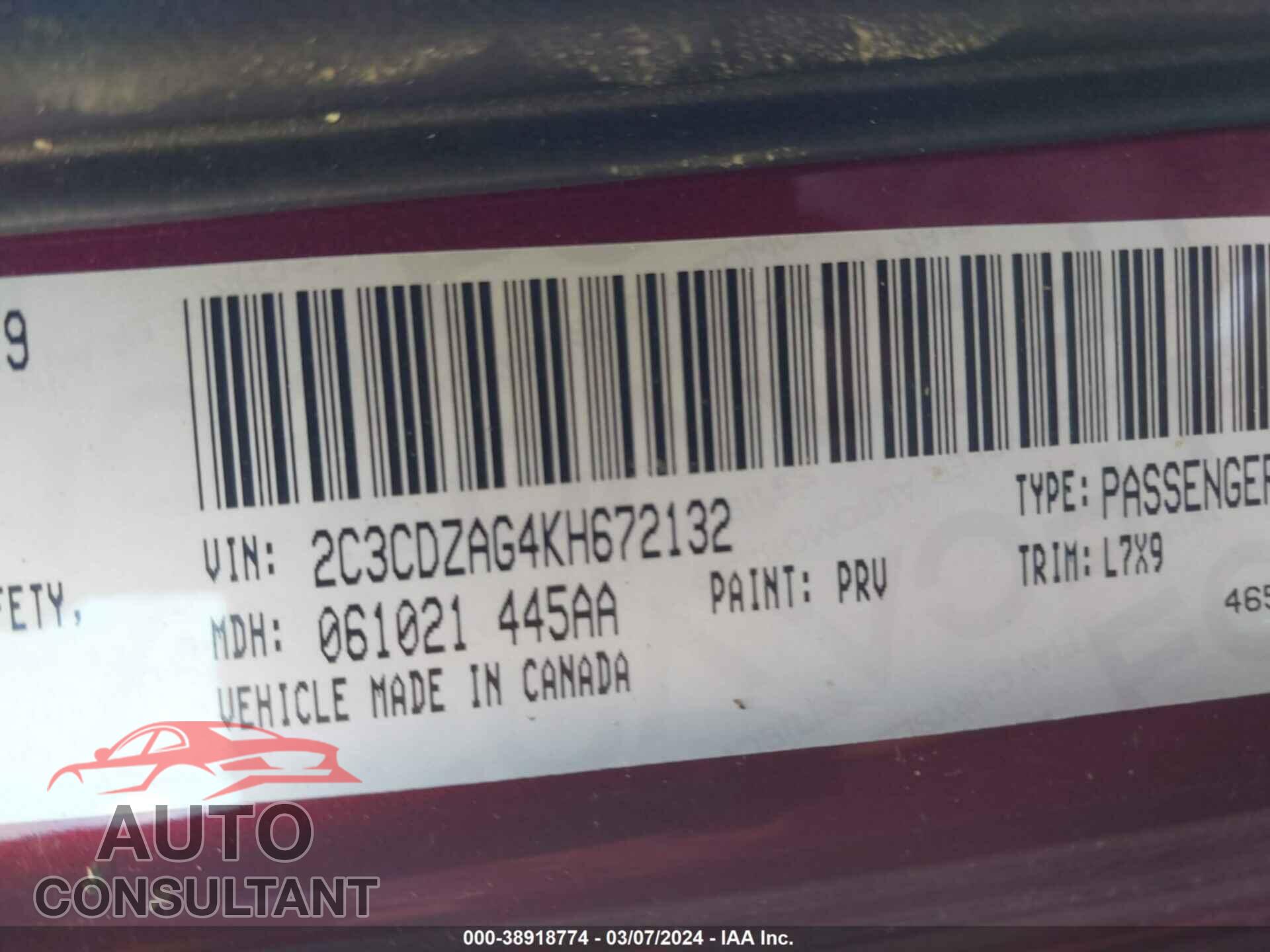 DODGE CHALLENGER 2019 - 2C3CDZAG4KH672132