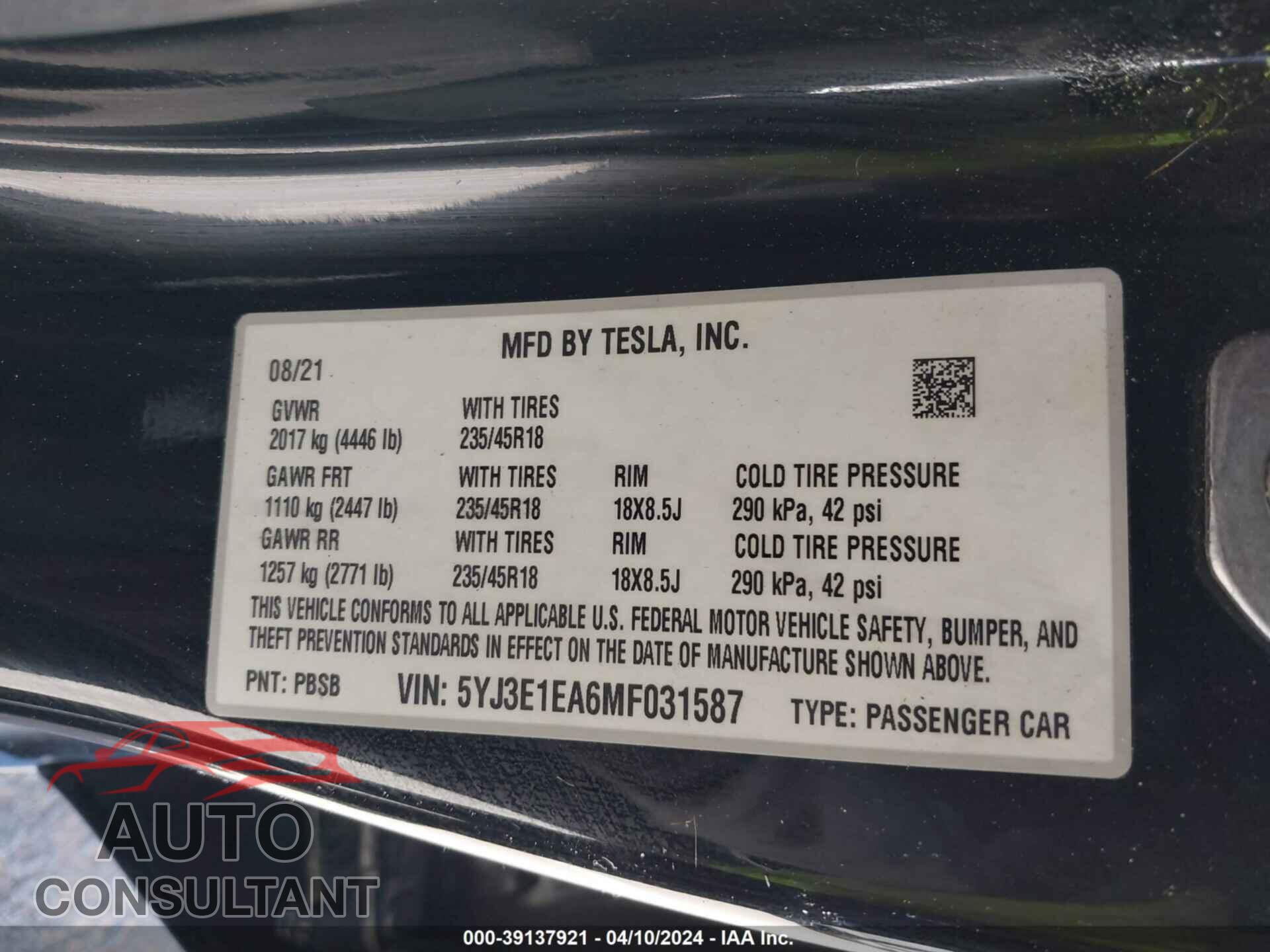 TESLA MODEL 3 2021 - 5YJ3E1EA6MF031587