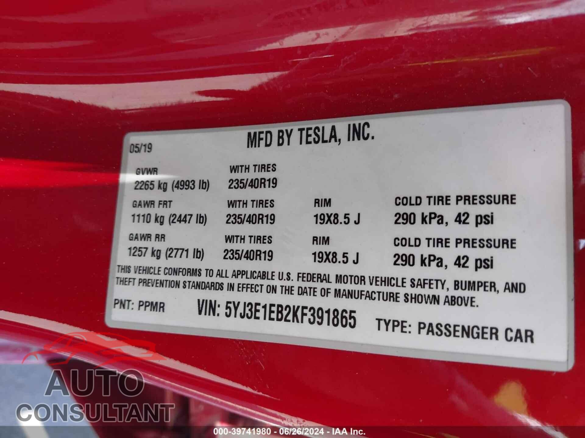 TESLA MODEL 3 2019 - 5YJ3E1EB2KF391865