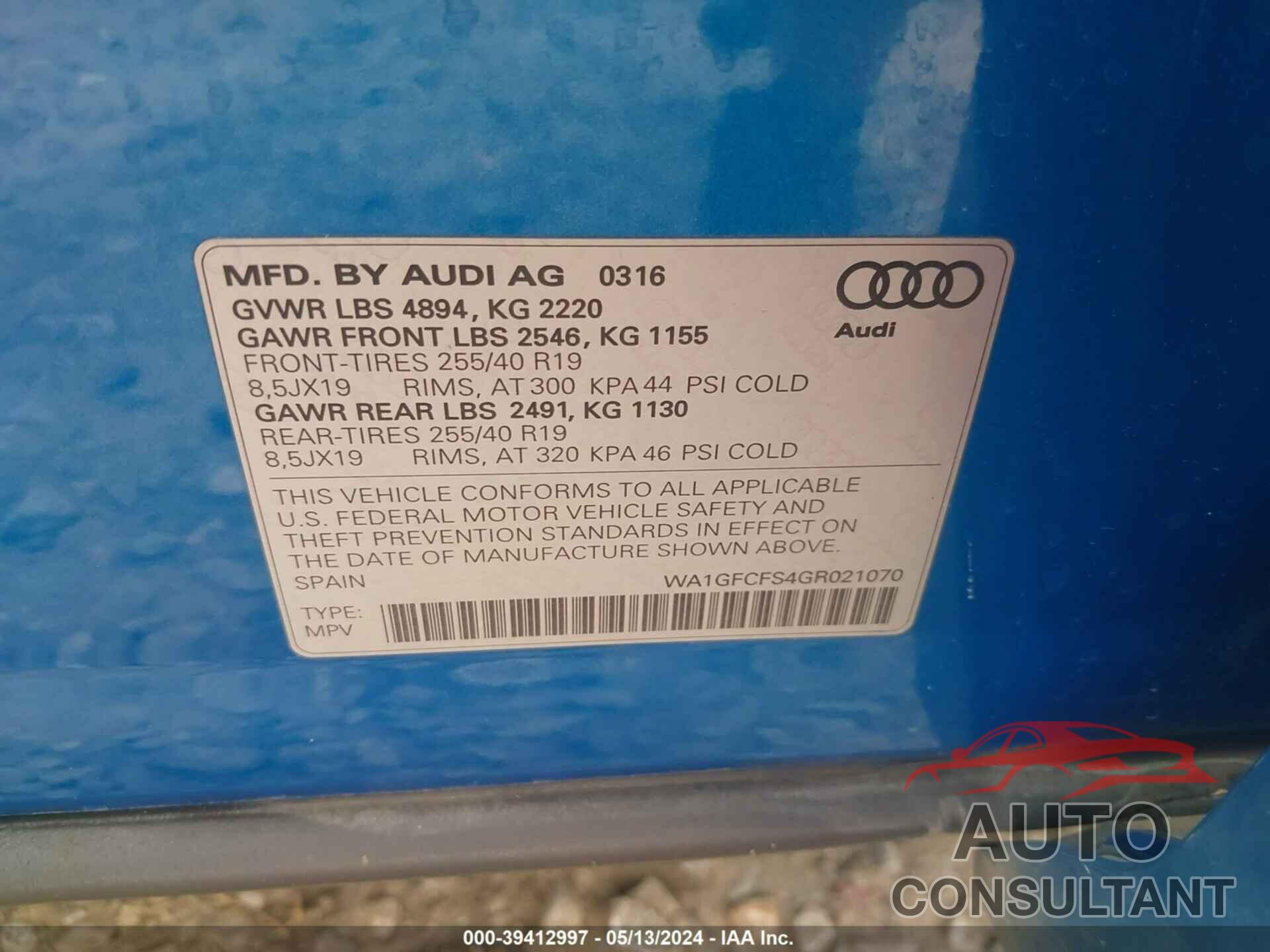 AUDI Q3 2016 - WA1GFCFS4GR021070