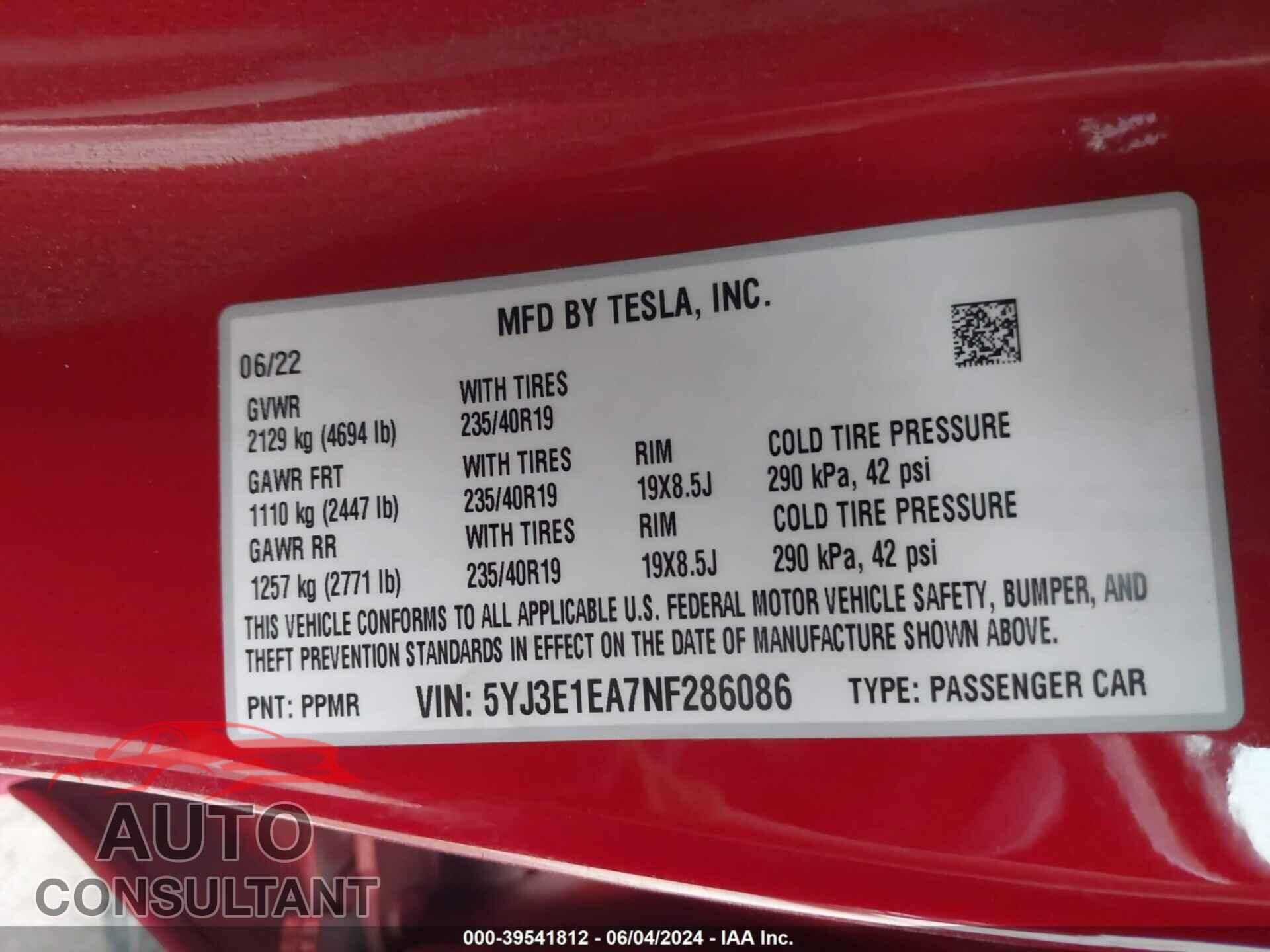 TESLA MODEL 3 2022 - 5YJ3E1EA7NF286086