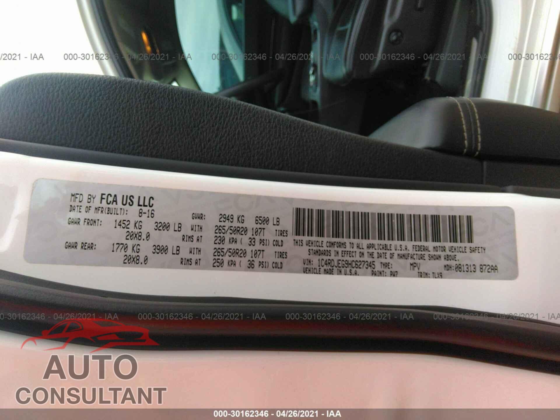 DODGE DURANGO 2017 - 1C4RDJEG9HC627345