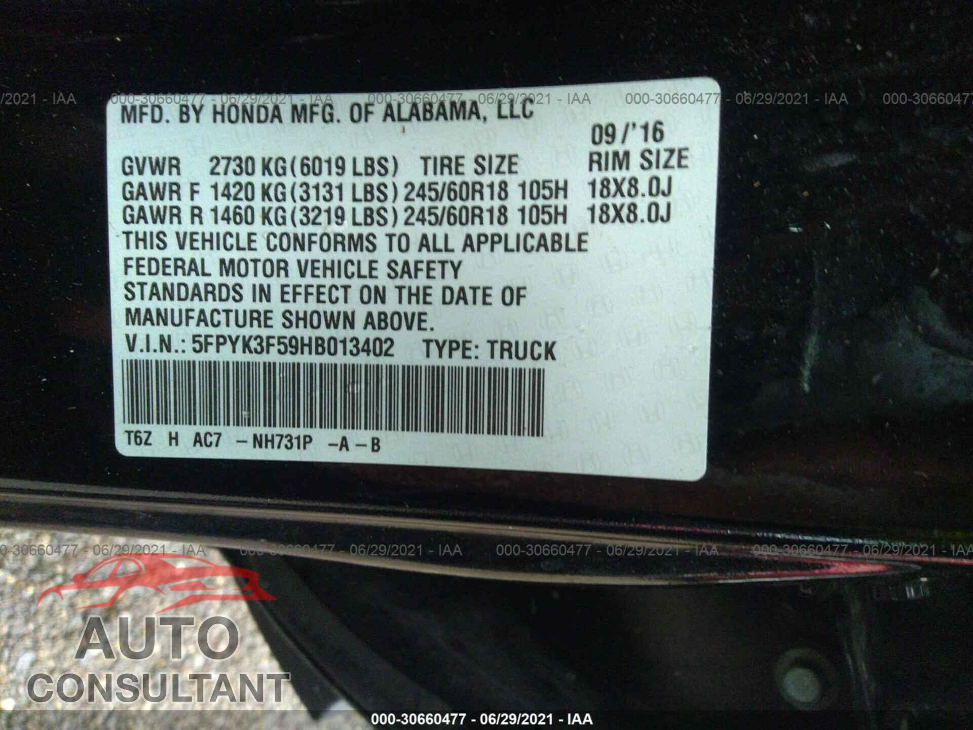 HONDA RIDGELINE 2017 - 5FPYK3F59HB013402