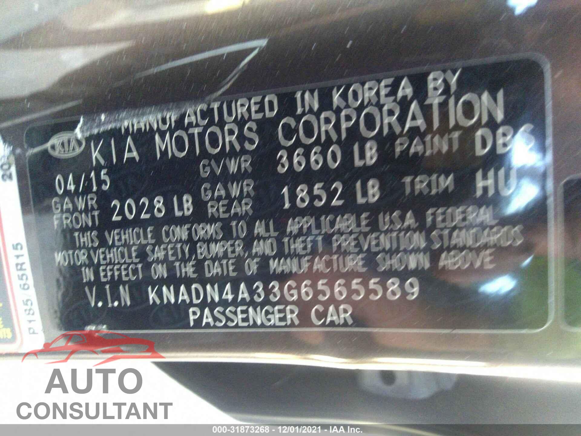 KIA RIO 2016 - KNADN4A33G6565589