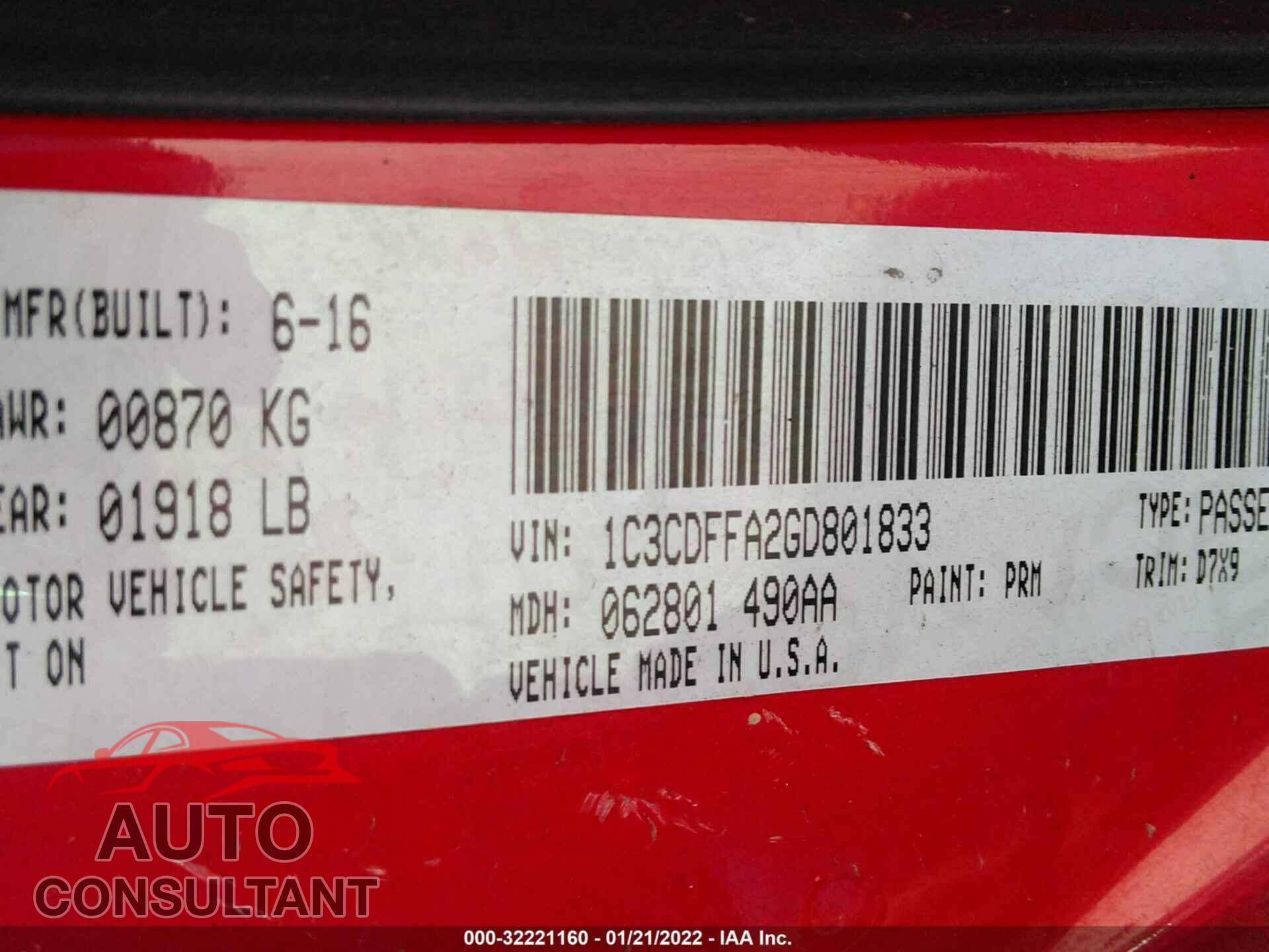 DODGE DART 2016 - 1C3CDFFA2GD801833