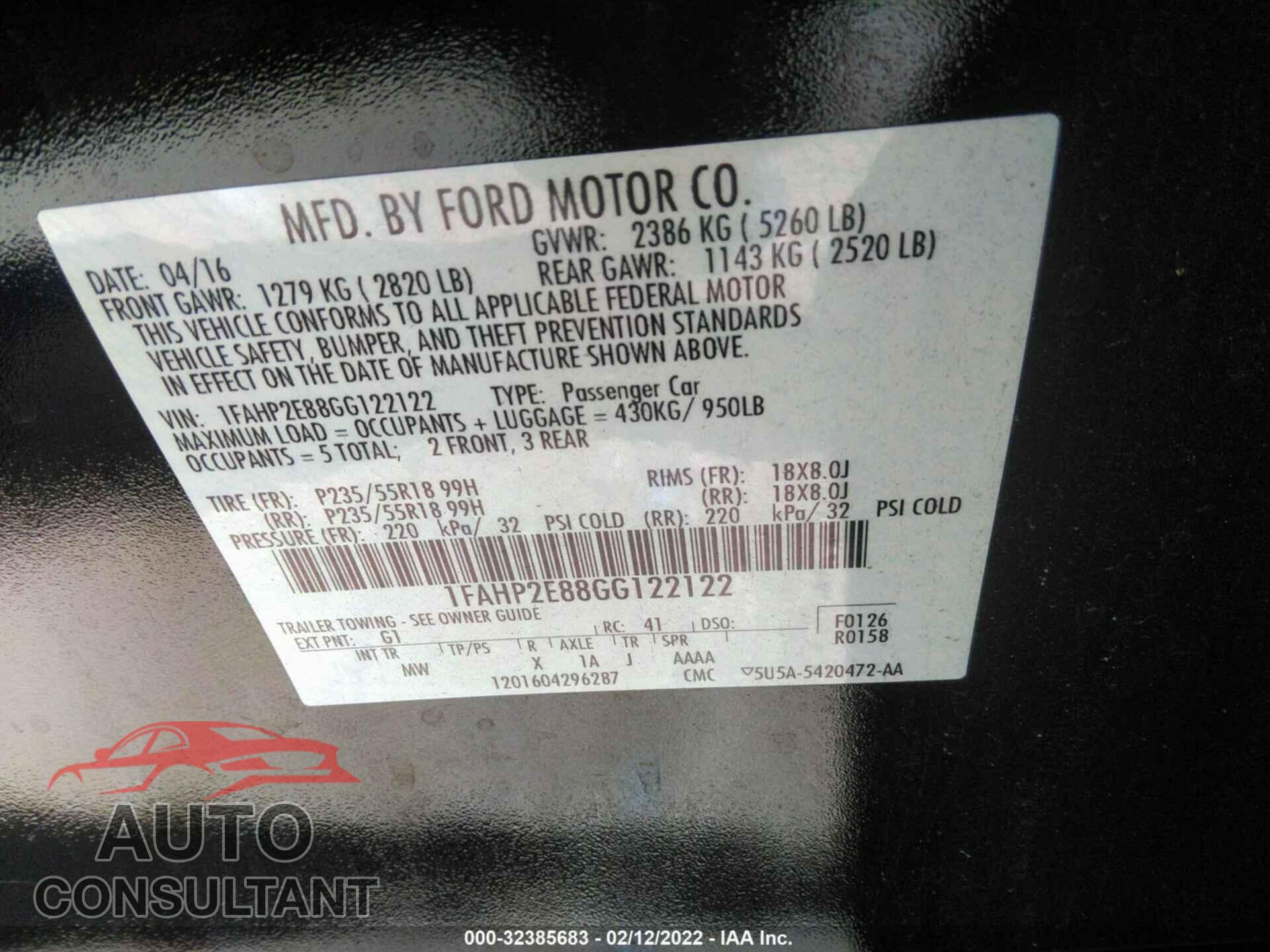 FORD TAURUS 2016 - 1FAHP2E88GG122122