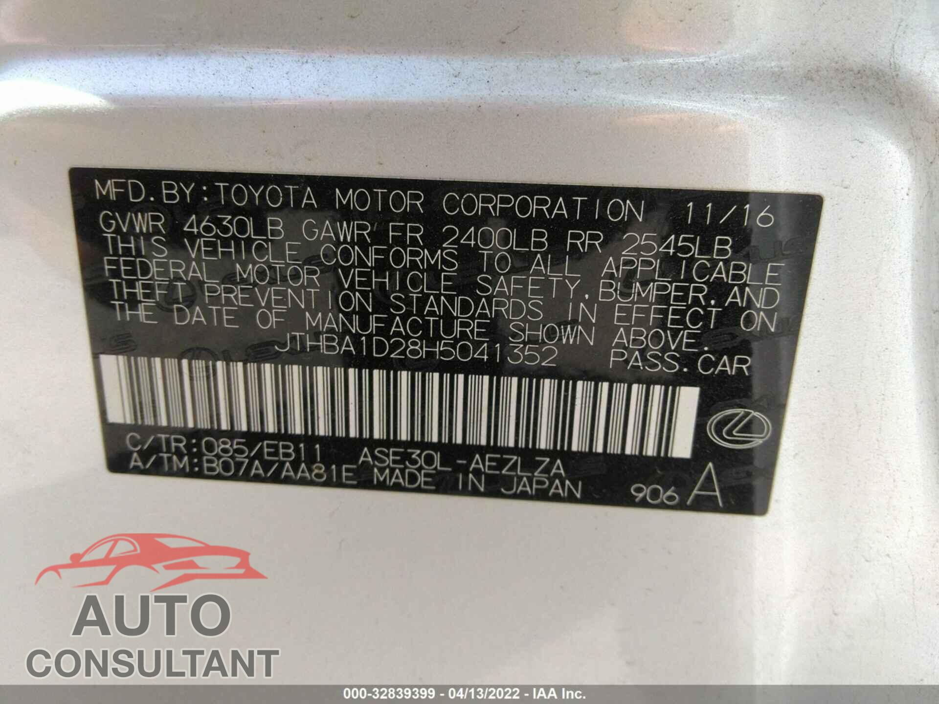 LEXUS IS 2017 - JTHBA1D28H5041352