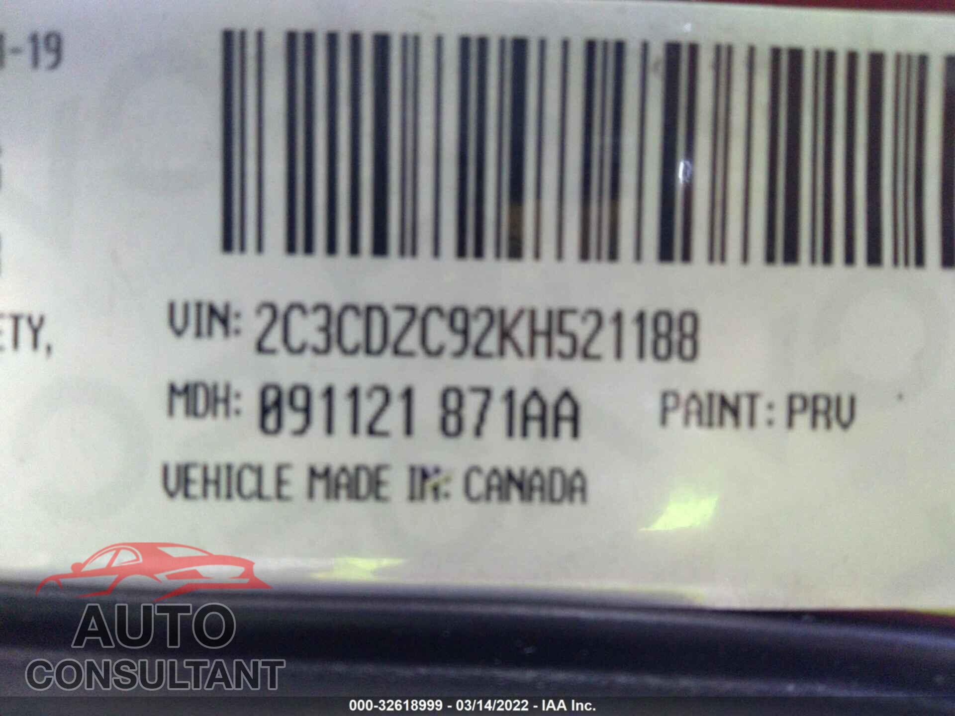 DODGE CHALLENGER 2019 - 2C3CDZC92KH521188